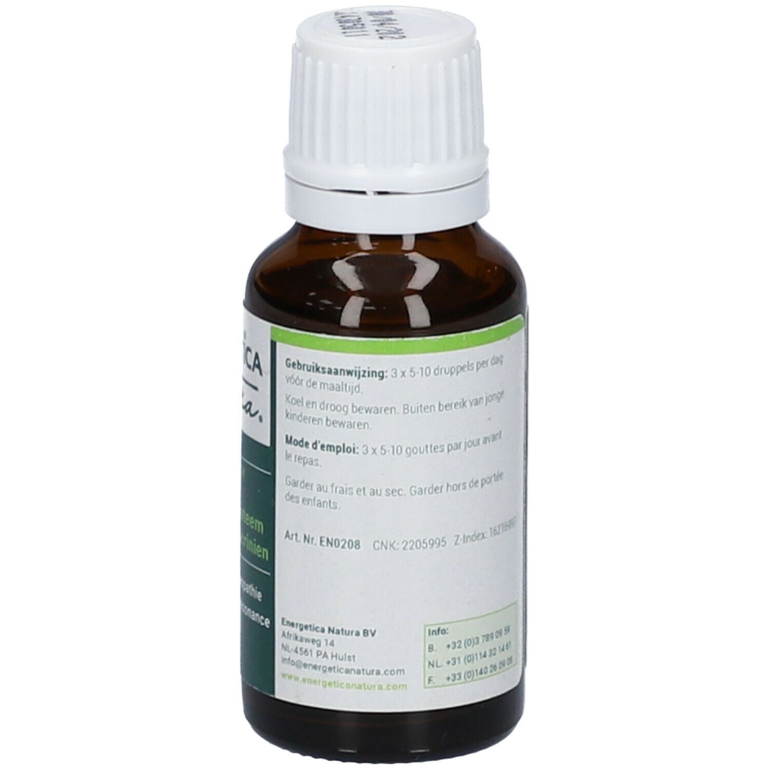 Flacone di vetro marrone con tappo bianco. Etichetta con istruzioni per l'uso e marchio Energetica Natura.