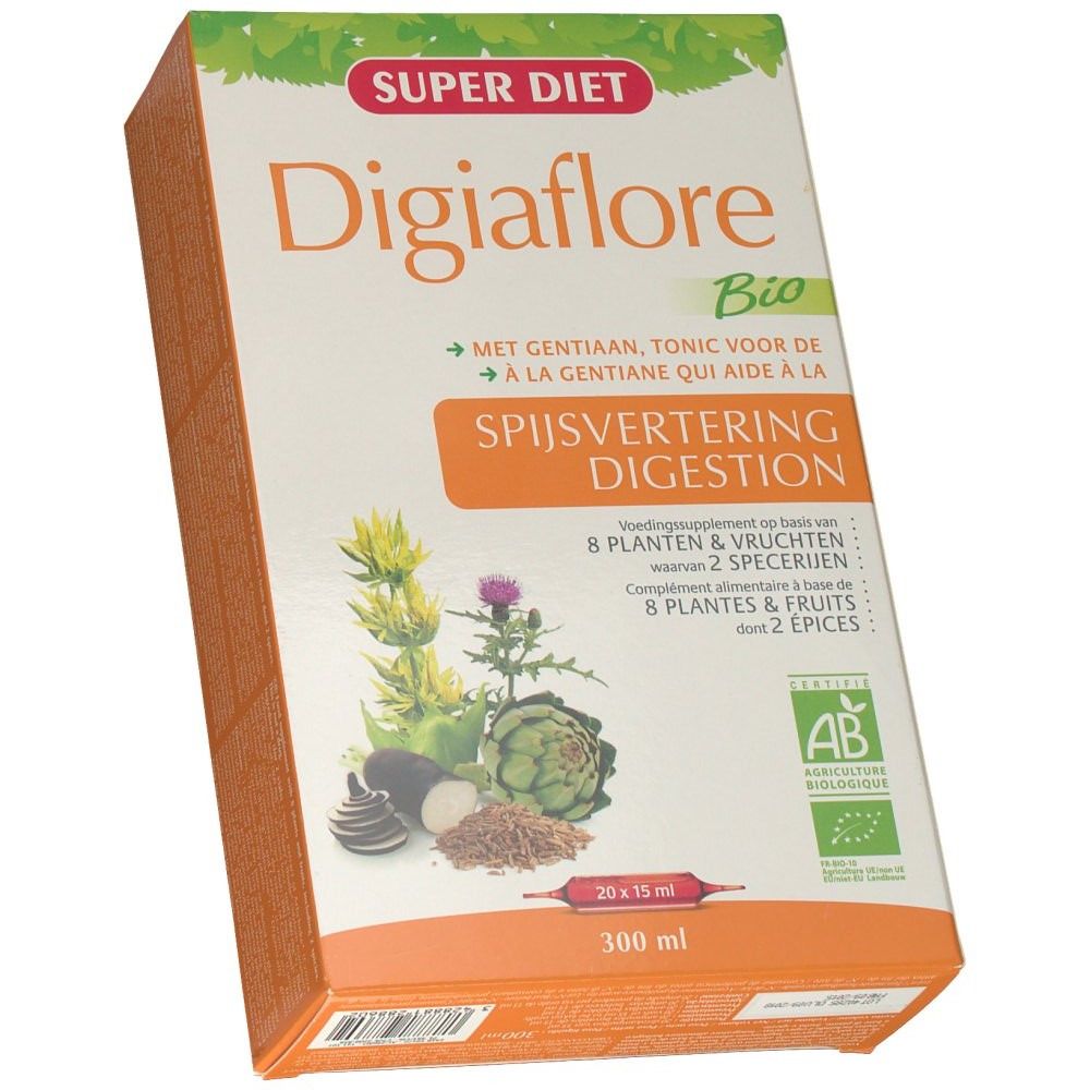 Confezione in cartone con nome e logo del prodotto. Testo in olandese. Certificazione Bio visibile.