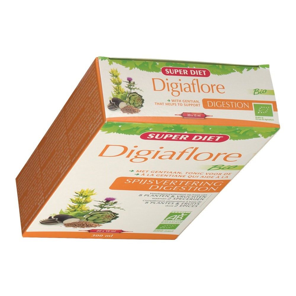 Confezione in cartone angolata con nome e logo del prodotto. Testo in olandese. Certificazione Bio.