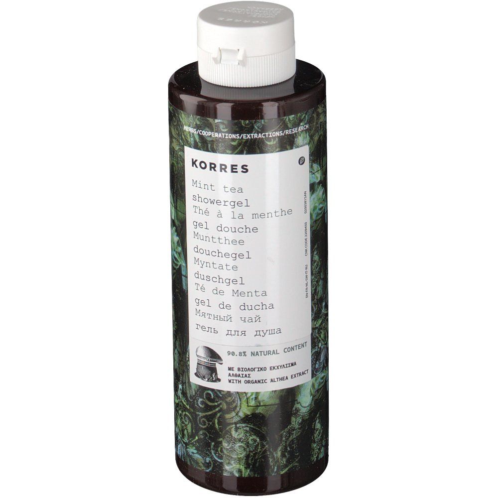 Gel doccia KORRES, flacone con tappo bianco. Scritta: Thé à la menthe. Motivo verde-marrone.