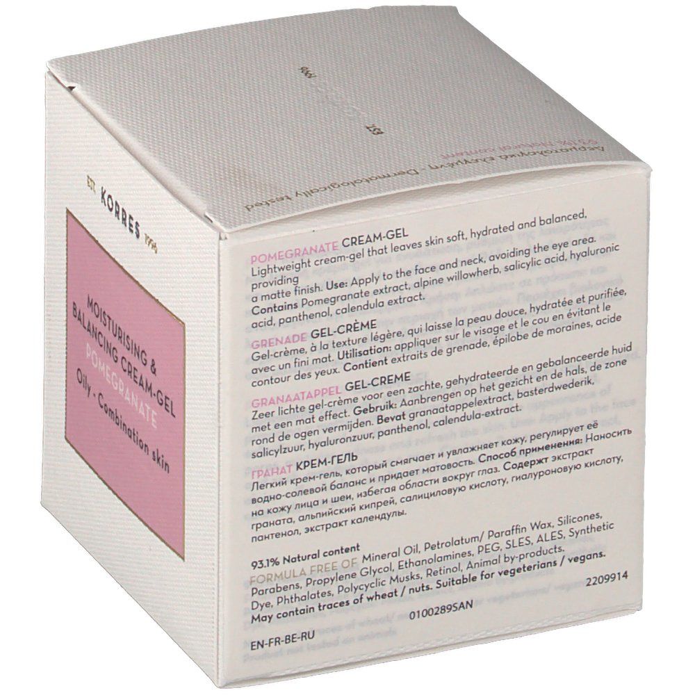 Retro confezione KORRES®. Scatola bianca con testo. Contiene ingredienti e istruzioni. 93,1% ingredienti naturali.