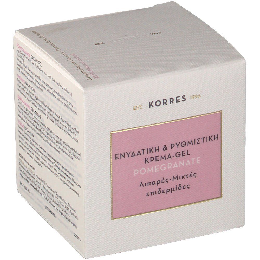 Confezione KORRES®. Scatola bianca con etichetta rosa. Testo: "ENYΔATIKH & PYΘMIΣTIKH KPEMA-GEL POMEGRANATE". Per pelli miste/grasse.