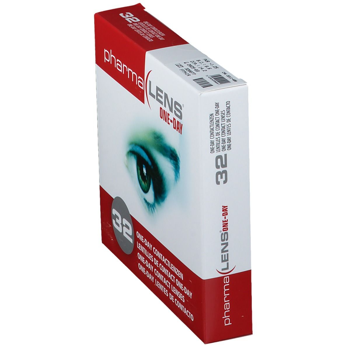Scatola di lenti PharmaLens One-Day in prospettiva. Confezione rossa e bianca con immagine occhio e testo. 32 lenti.
