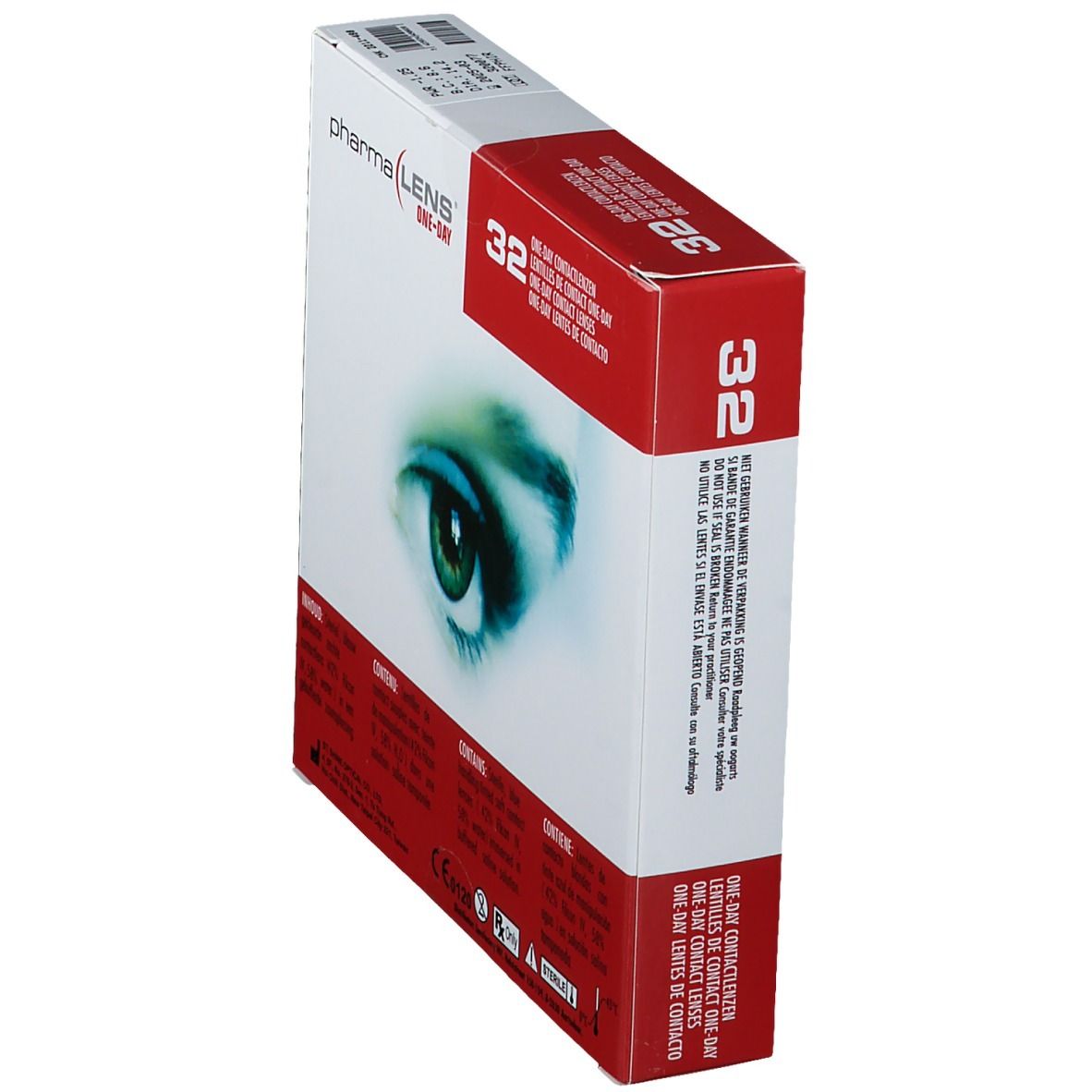 Vista prospettica della confezione di lenti PharmaLens One-Day. Scatola rossa e bianca con testo e 32 lenti.