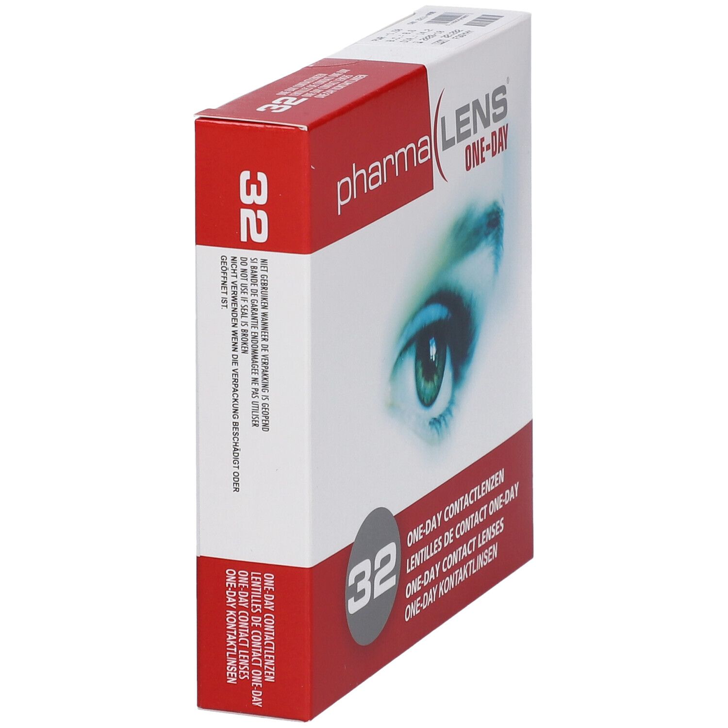 Confezione di lenti a contatto PharmaLens One-Day. 32 lenti. Scatola rossa e bianca, vista laterale.