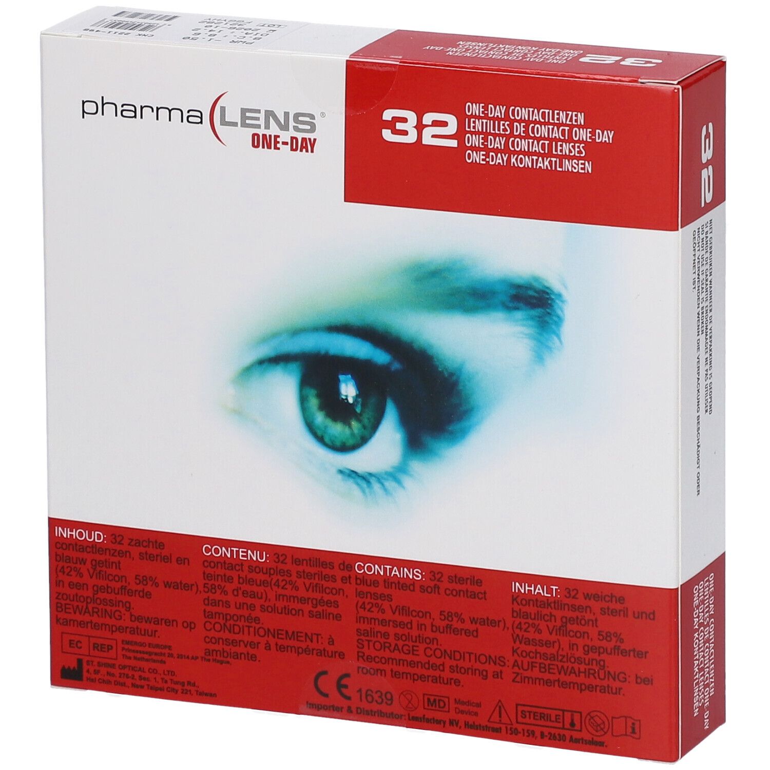 Confezione di lenti a contatto PharmaLens One-Day. 32 lenti. Scatola rossa e bianca con immagine occhio e testo.