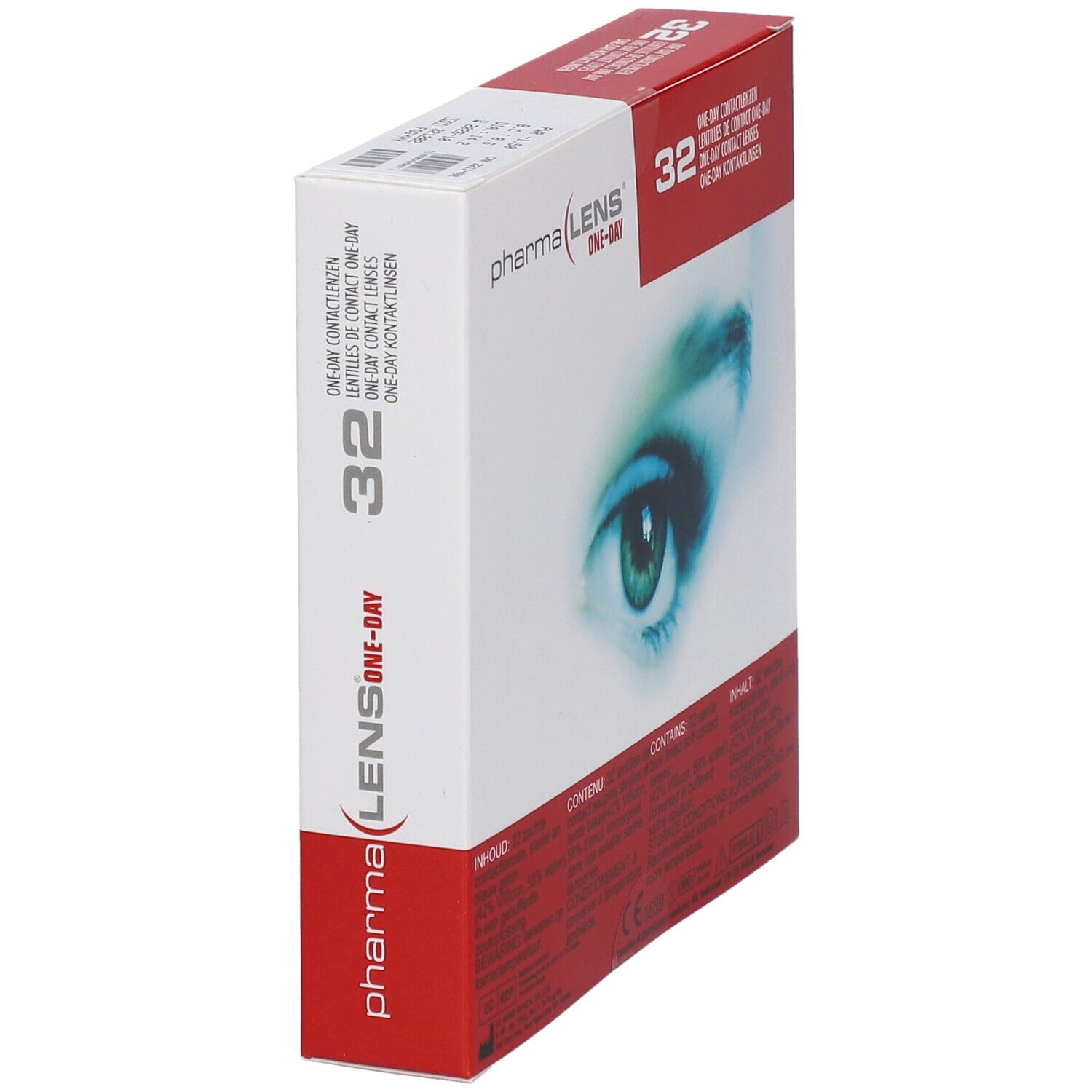 Confezione di lenti a contatto PharmaLens One-Day. 32 lenti. Scatola rossa e bianca, vista laterale con testo.