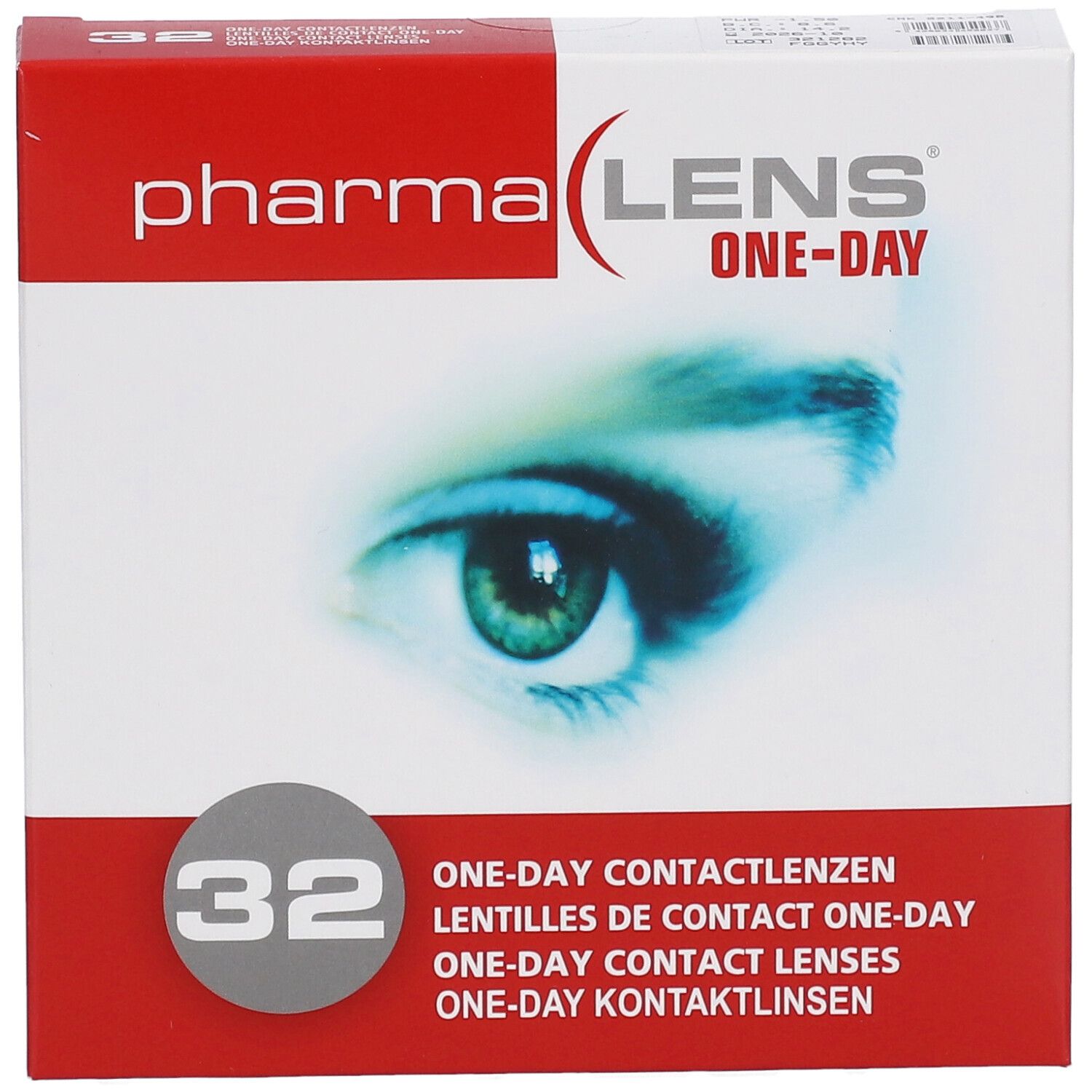 Confezione di lenti a contatto PharmaLens One-Day. 32 lenti. Scatola rossa e bianca con immagine occhio e testo.