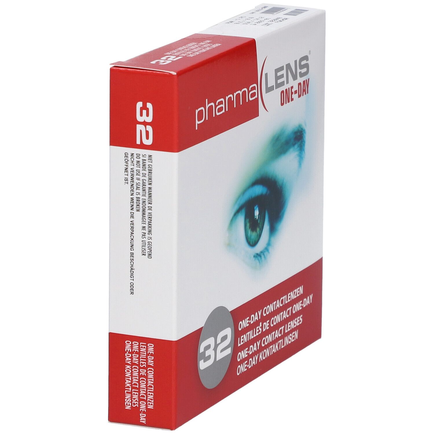 Vista angolata della confezione di lenti a contatto. Marchio Pharma Lens One-Day, 32 pezzi. Immagine occhio.
