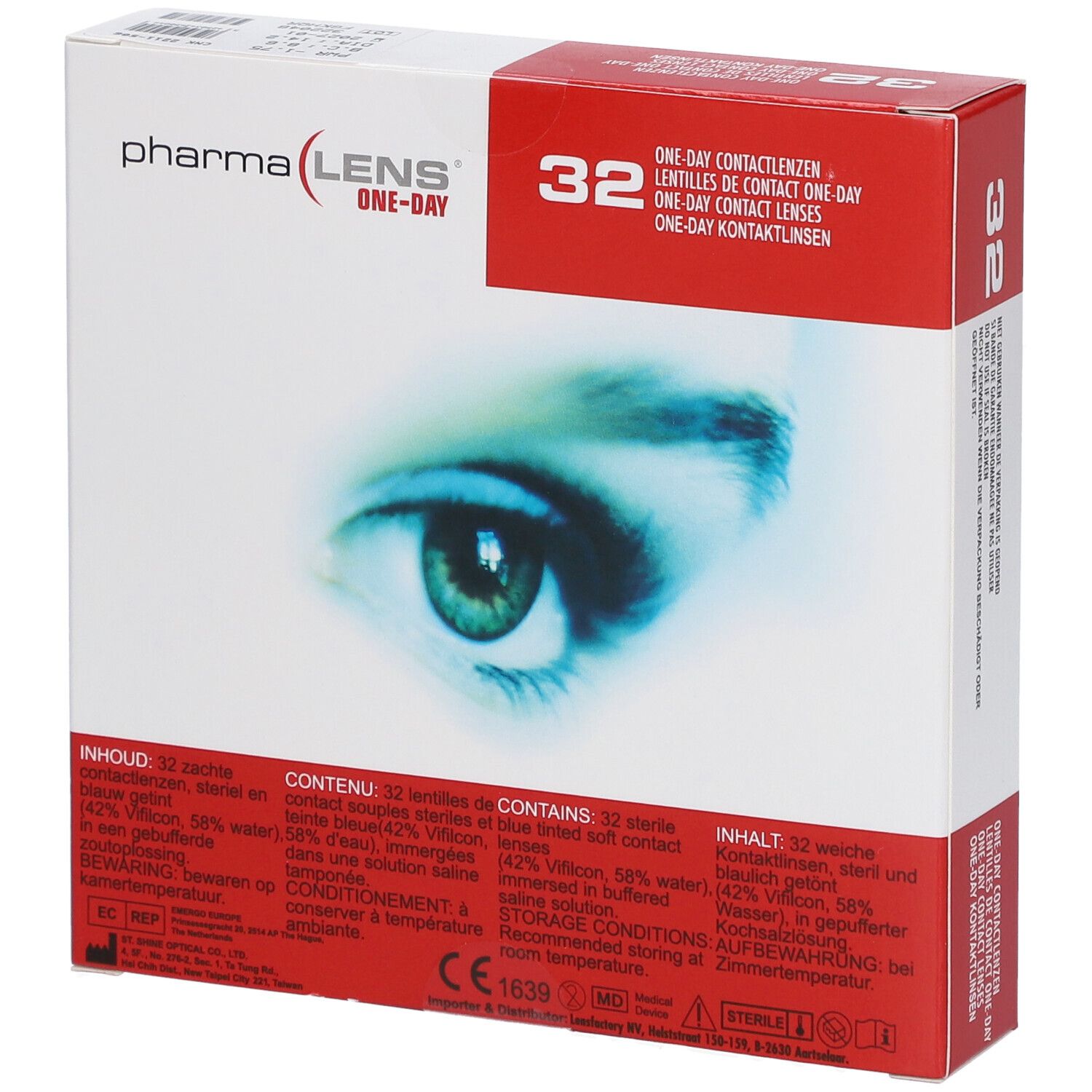 Confezione di lenti a contatto Pharma Lens One-Day, 32 pezzi. Immagine occhio. Testo multilingue.