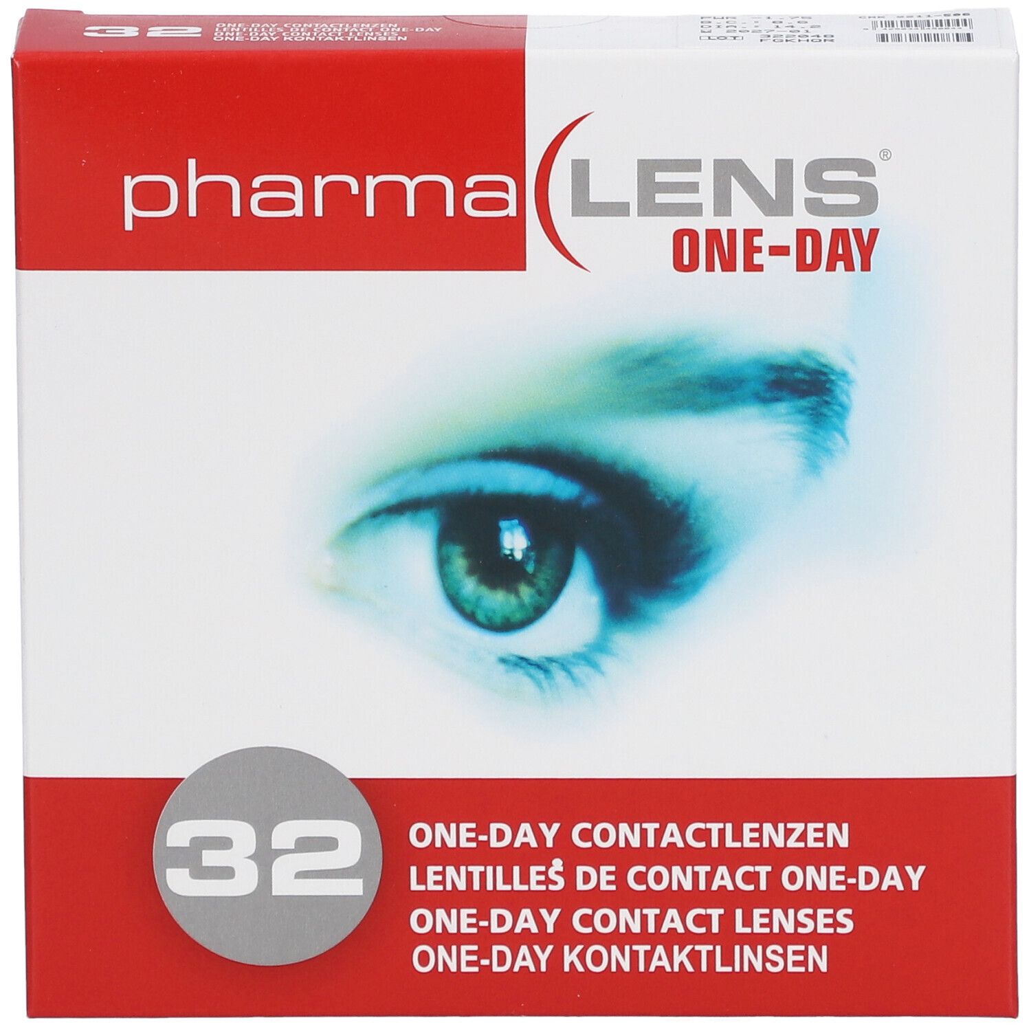 Confezione di lenti a contatto Pharma Lens One-Day, 32 pezzi. Immagine occhio. Testo multilingue.