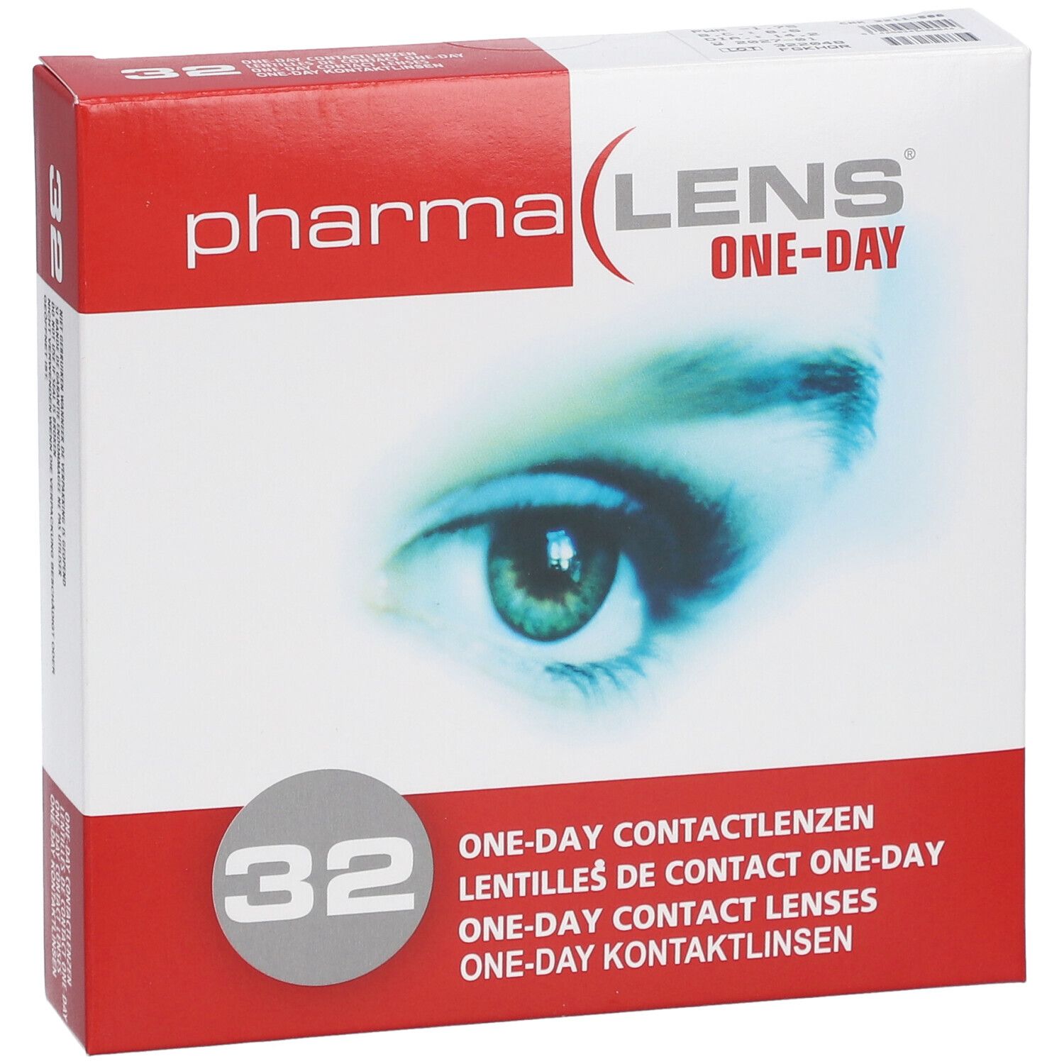 Confezione di lenti a contatto Pharma Lens One-Day, 32 pezzi. Immagine occhio. Testo multilingue.