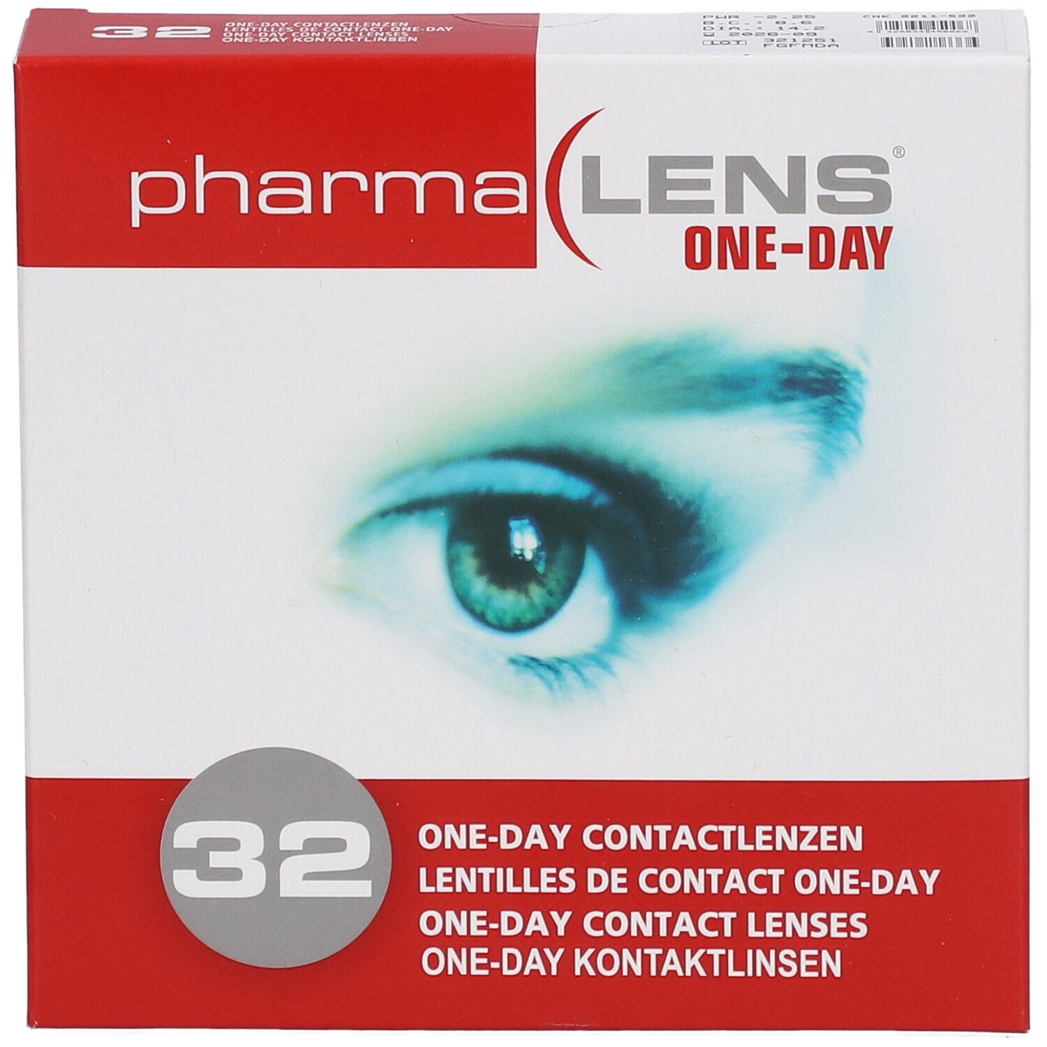 Confezione di lenti a contatto PharmaLens One-Day. 32 lenti. Scatola rossa e bianca con immagine di occhio. Vista frontale.