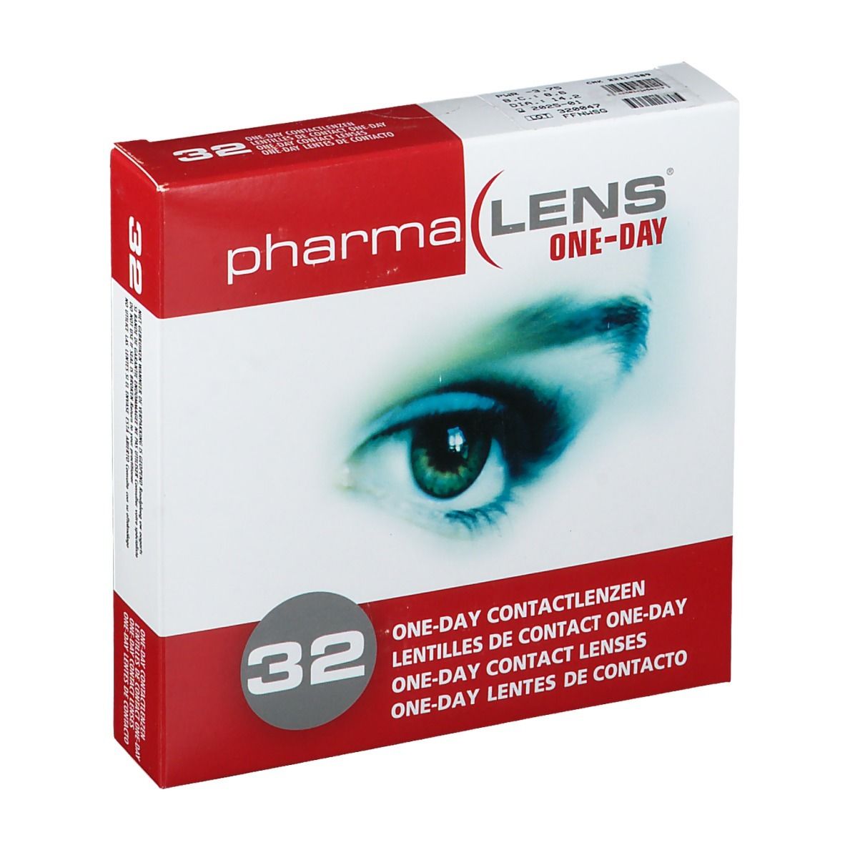 Confezione di lenti a contatto Pharma Lens One-Day, 32 pezzi. Immagine di un occhio. Testo multilingue.