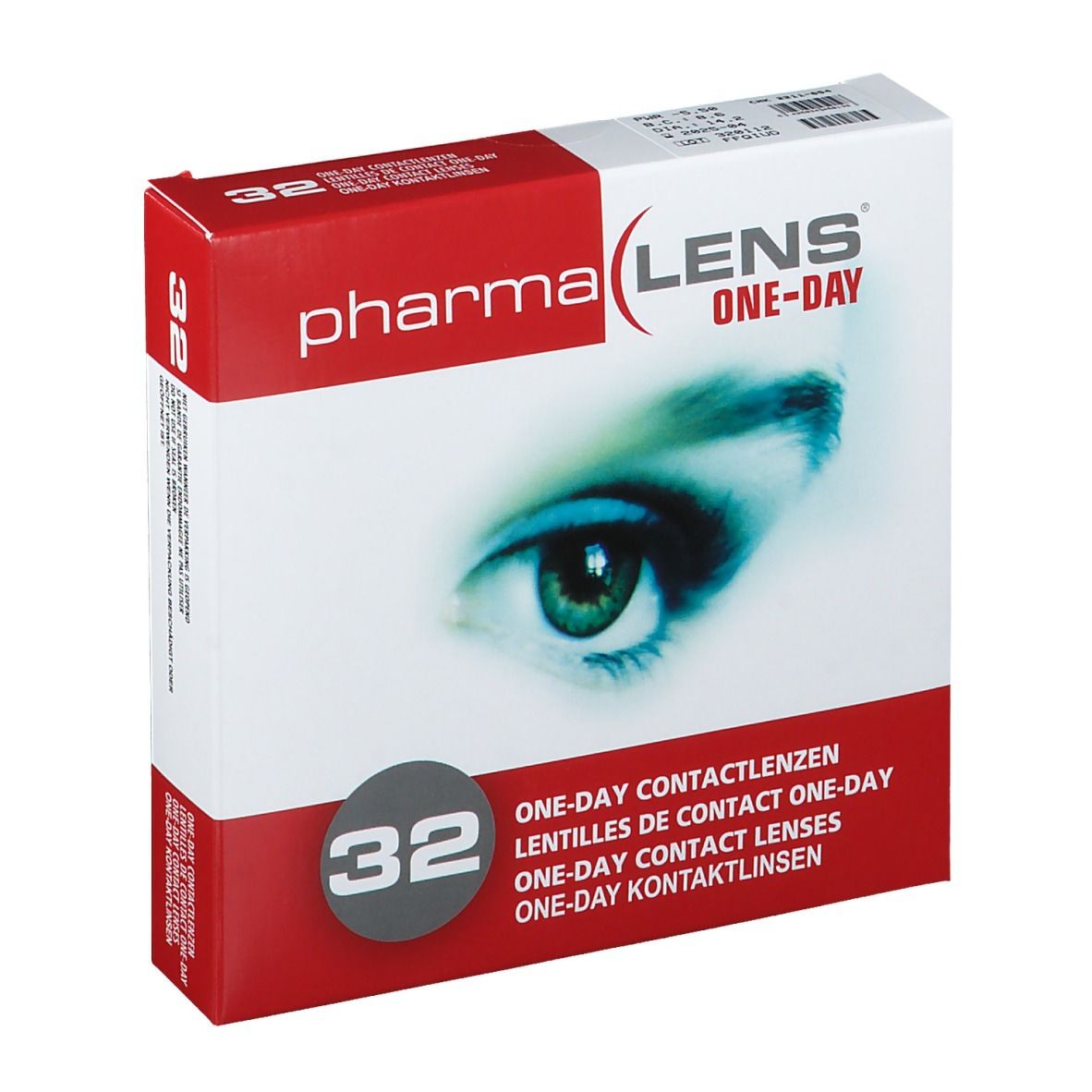 Confezione di lenti a contatto PharmaLens One-Day. Scatola rossa e bianca con immagine di occhio e scritta "32".