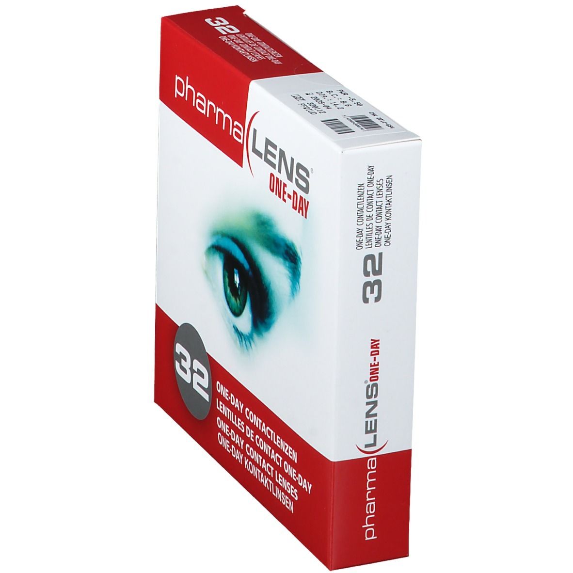 Vista obliqua della confezione di lenti a contatto PharmaLens One-Day. Scatola rossa e bianca con immagine di occhio e "32".
