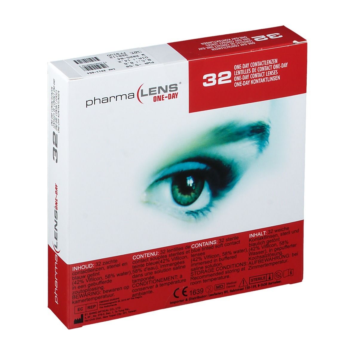 Confezione di lenti a contatto PharmaLens One-Day. Scatola rossa e bianca con immagine di occhio, testo e scritta "32".