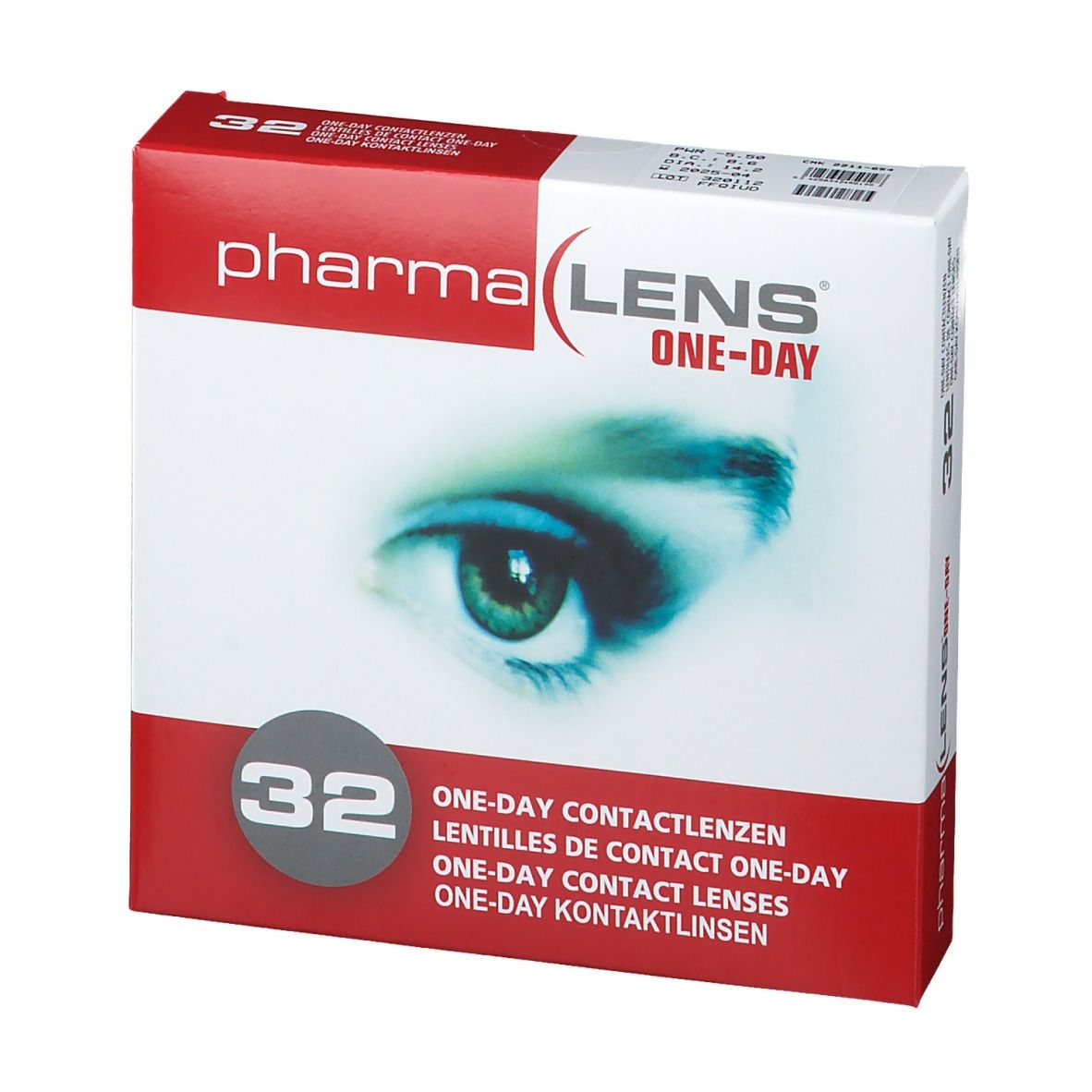 Confezione di lenti a contatto PharmaLens One-Day. Scatola rossa e bianca con immagine di occhio e scritta "32".