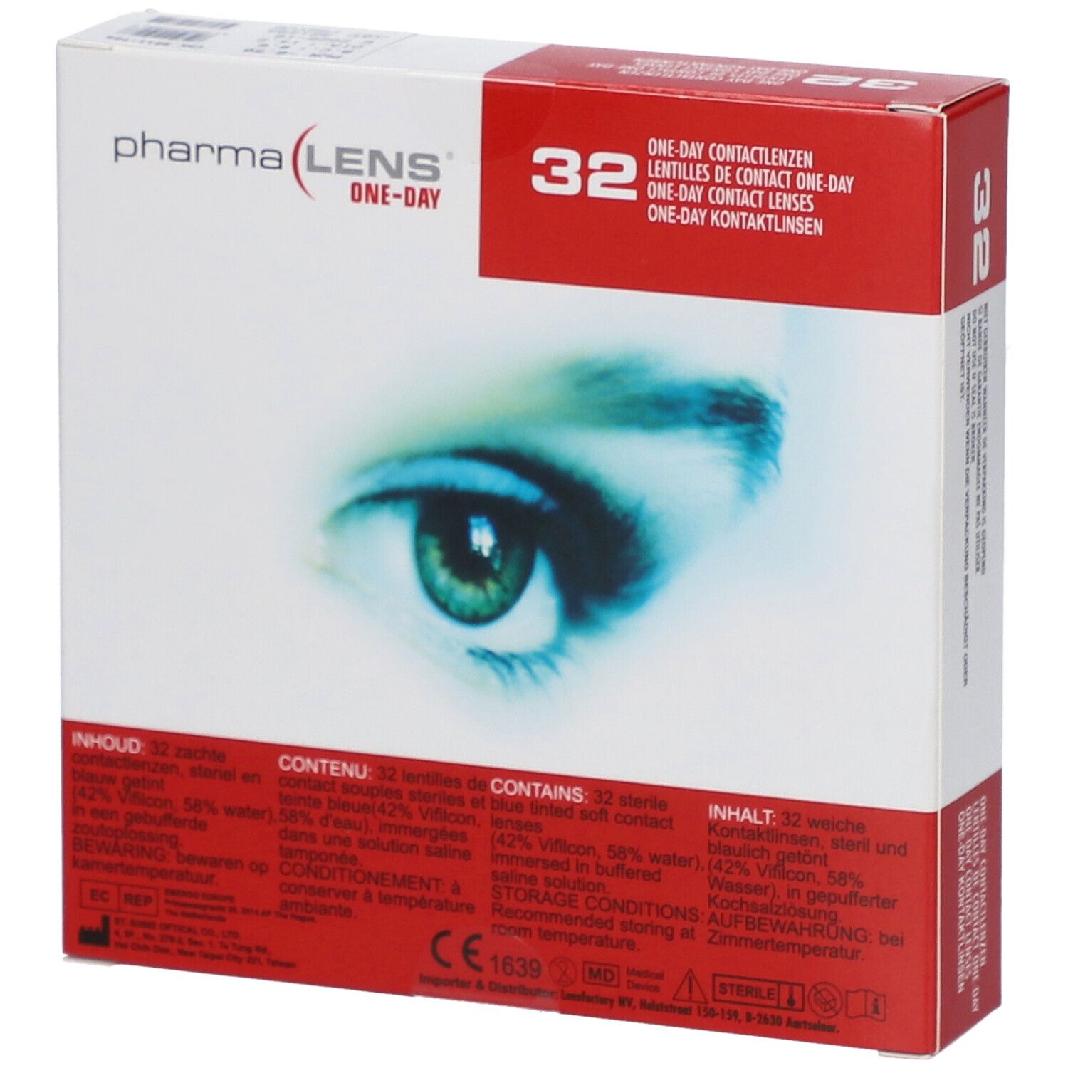 Confezione di lenti a contatto PharmaLens. Scatola rossa e bianca con nome, 32 pezzi, e immagine occhio. Testo multilingue.