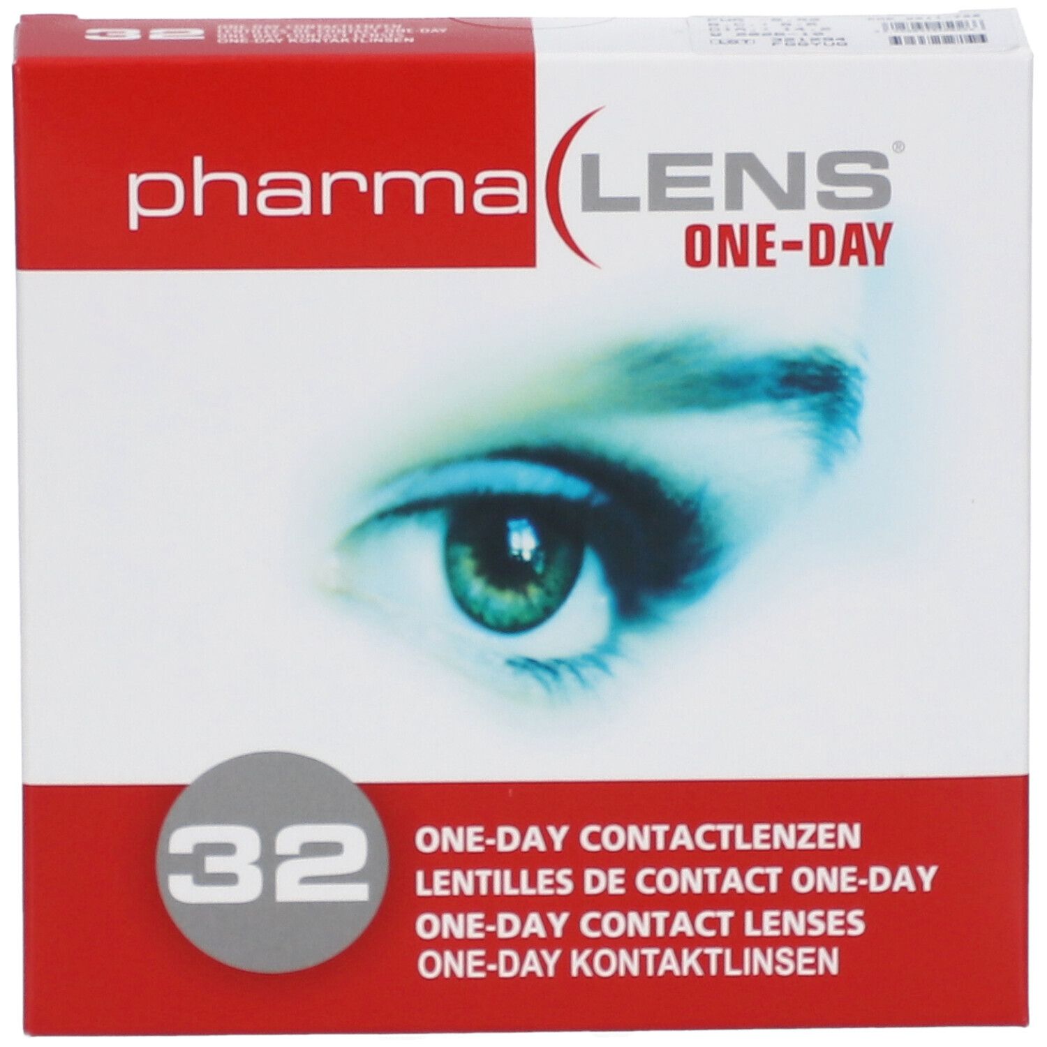 Confezione di lenti a contatto PharmaLens. Scatola rossa e bianca con nome, 32 pezzi, e immagine occhio.
