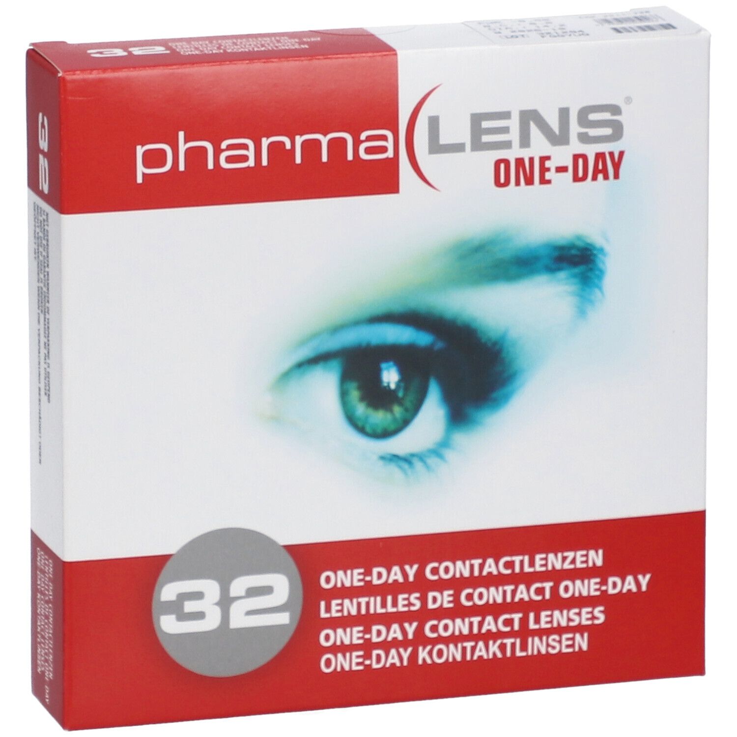 Confezione di lenti a contatto PharmaLens. Scatola rossa e bianca con nome, 32 pezzi, e immagine occhio.