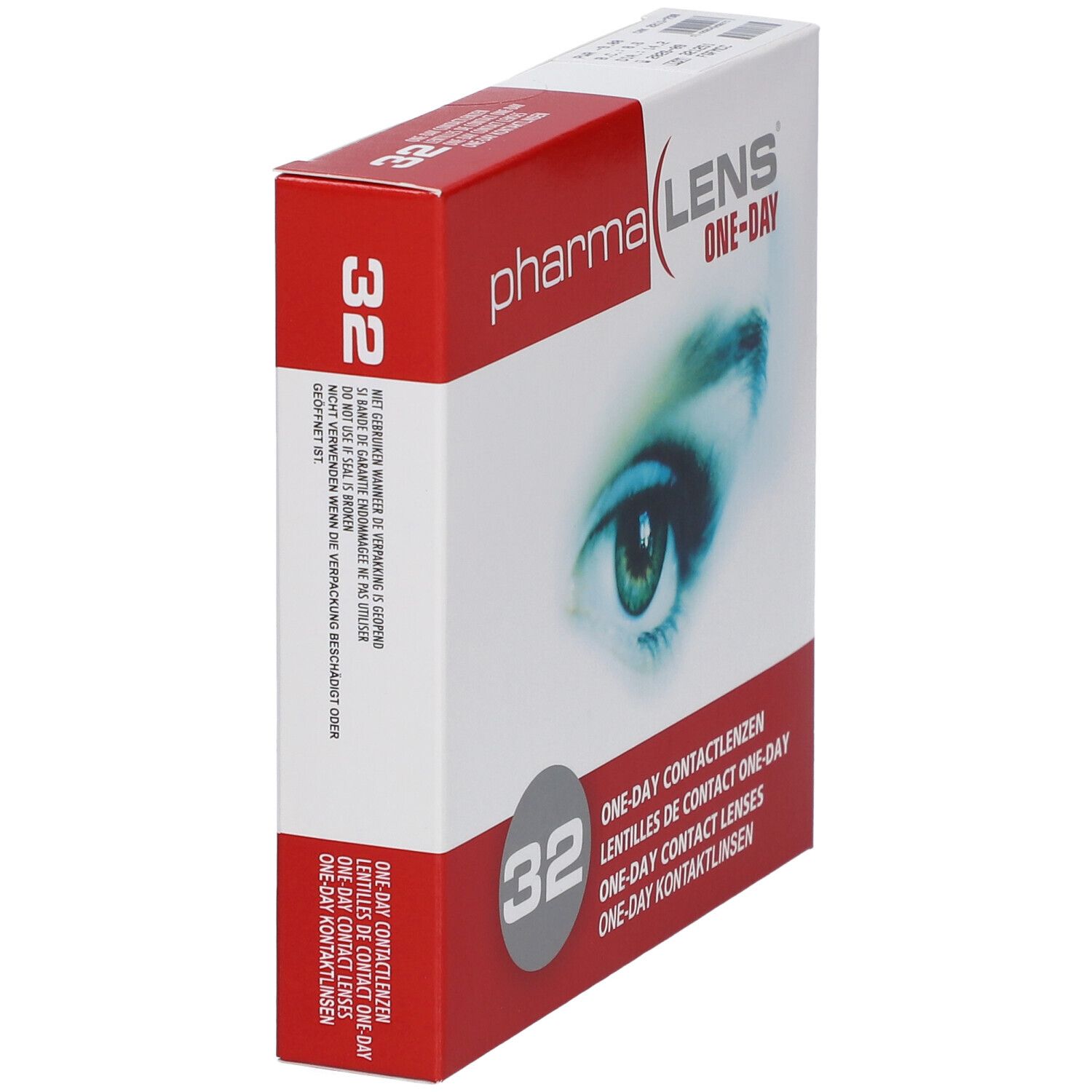 Vista angolata della confezione di lenti PharmaLens One-Day. Contiene 32 lenti. Colori rosso e bianco.