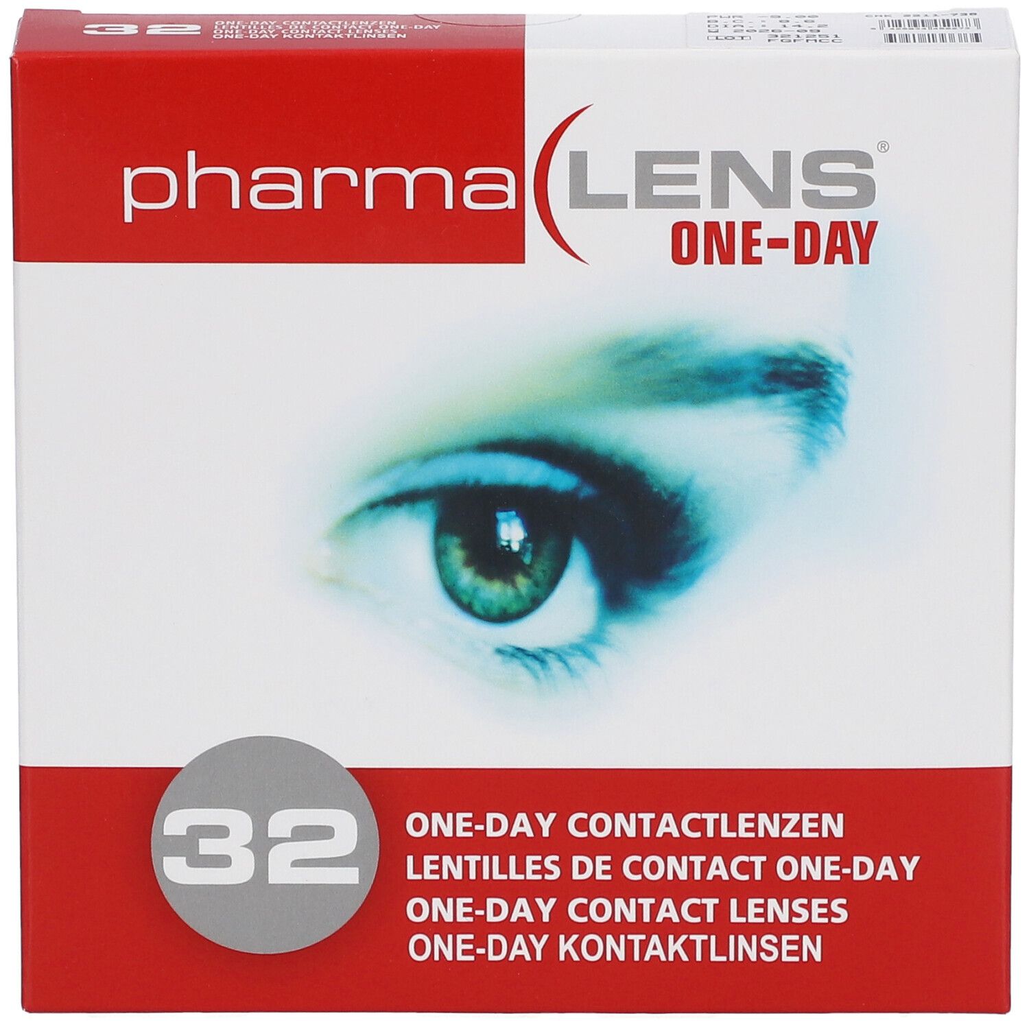 Confezione di lenti a contatto PharmaLens One-Day. Contiene 32 lenti. Scritte multilingue.