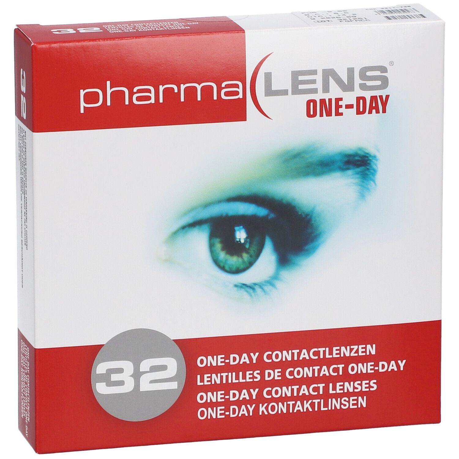 Confezione di lenti a contatto PharmaLens One-Day. Contiene 32 lenti. Scritte multilingue.