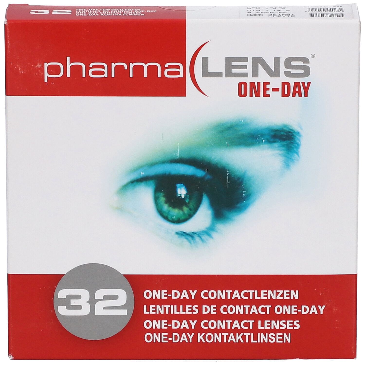 Confezione di lenti a contatto PharmaLens One-Day, 32 lenti. Immagine di un occhio.