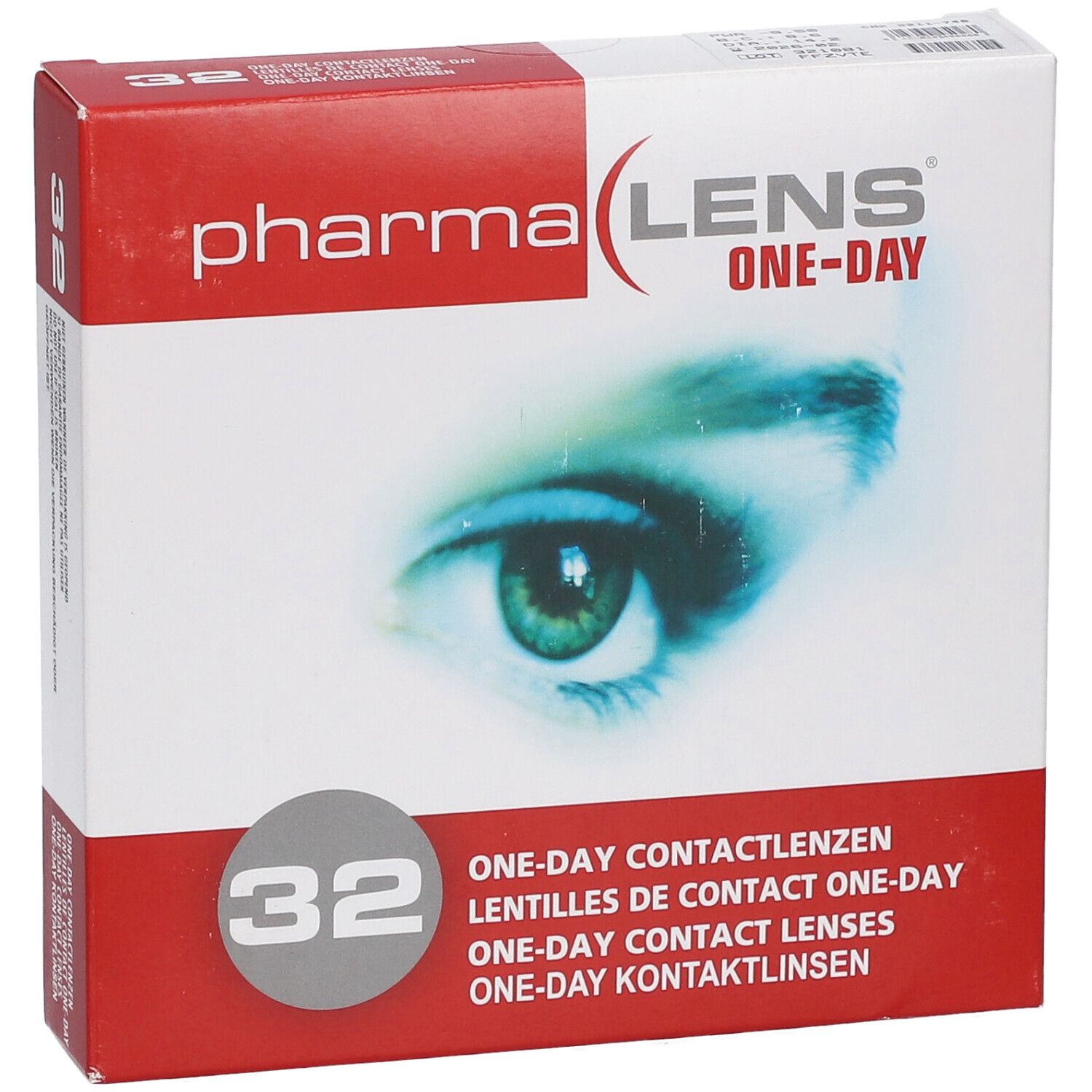 Confezione di lenti a contatto PharmaLens One-Day, 32 lenti. Immagine di un occhio.