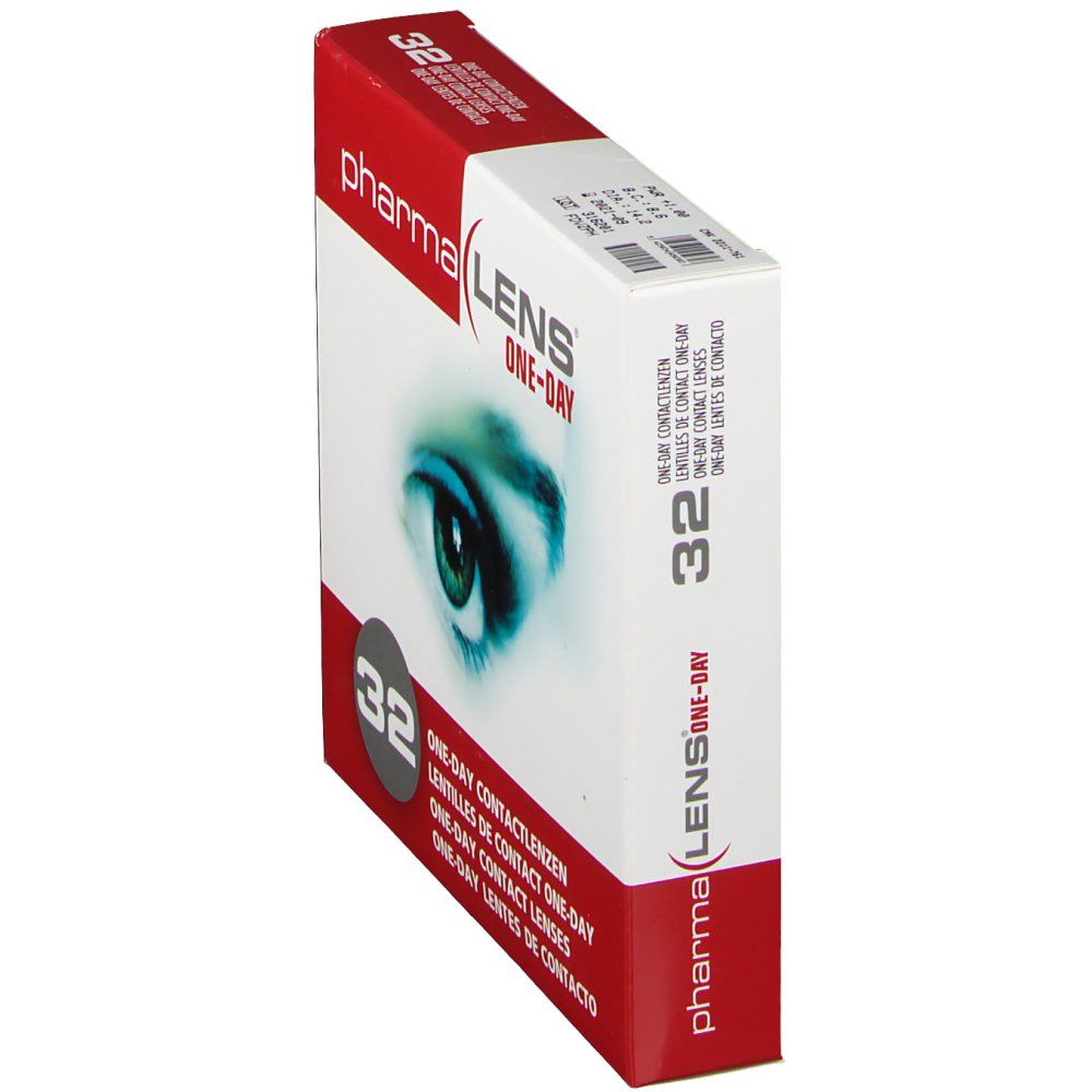 Confezione di lenti a contatto PharmaLens One-Day, in diagonale. Scatola rossa e bianca con immagine occhio e testo. 32 lenti.