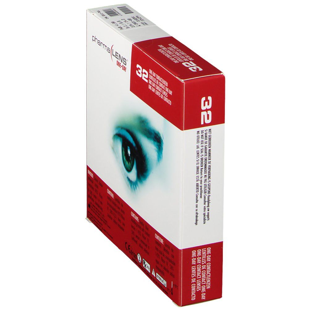 Confezione di lenti a contatto PharmaLens One-Day, in diagonale. Scatola rossa e bianca con immagine occhio, testo e informazioni. 32 lenti.