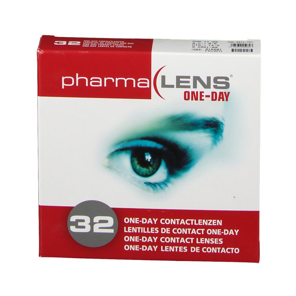 Confezione di lenti a contatto PharmaLens One-Day. Scatola rossa e bianca con immagine occhio, testo e 32 lenti.