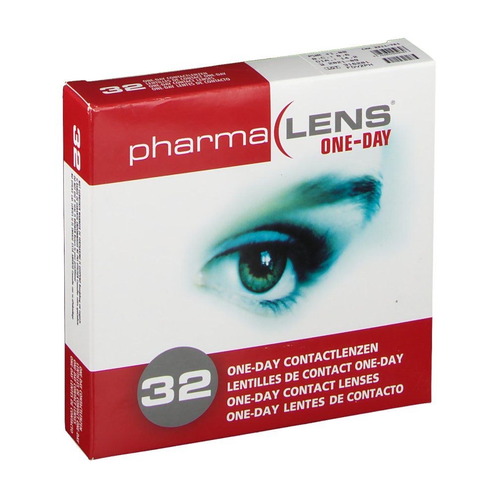 Confezione di lenti a contatto PharmaLens One-Day. Scatola rossa e bianca con immagine occhio, testo e 32 lenti.