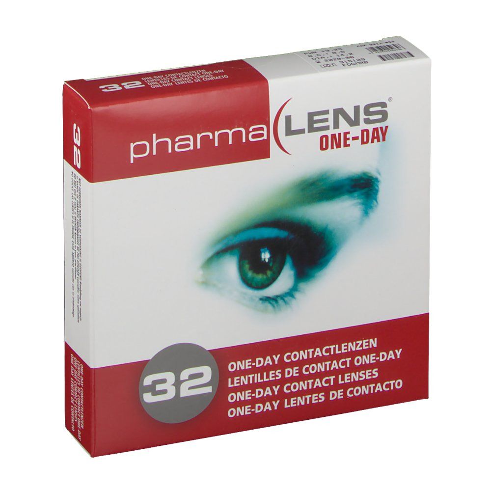 Confezione di lenti a contatto giornaliere pharmaLENS® One-day. 32 pezzi. Scatola rossa e bianca con immagine dell'occhio.