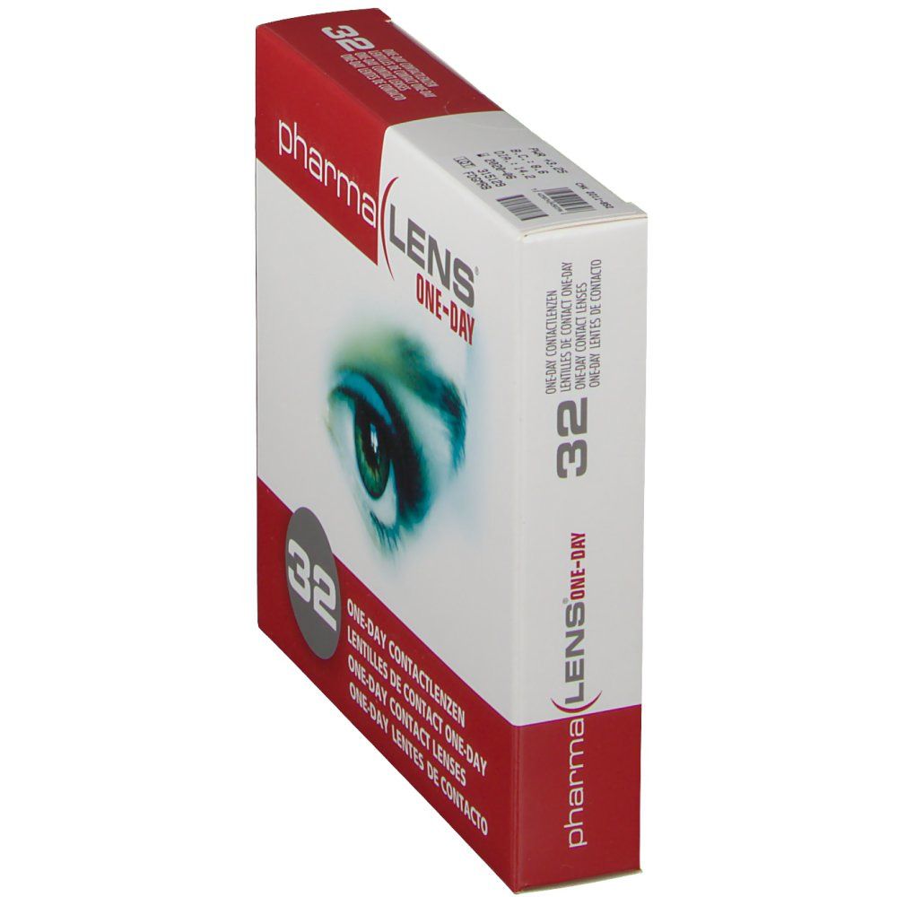 Vista angolata della confezione di lenti a contatto pharmaLENS® One-day. Scatola rossa e bianca con immagine dell'occhio.