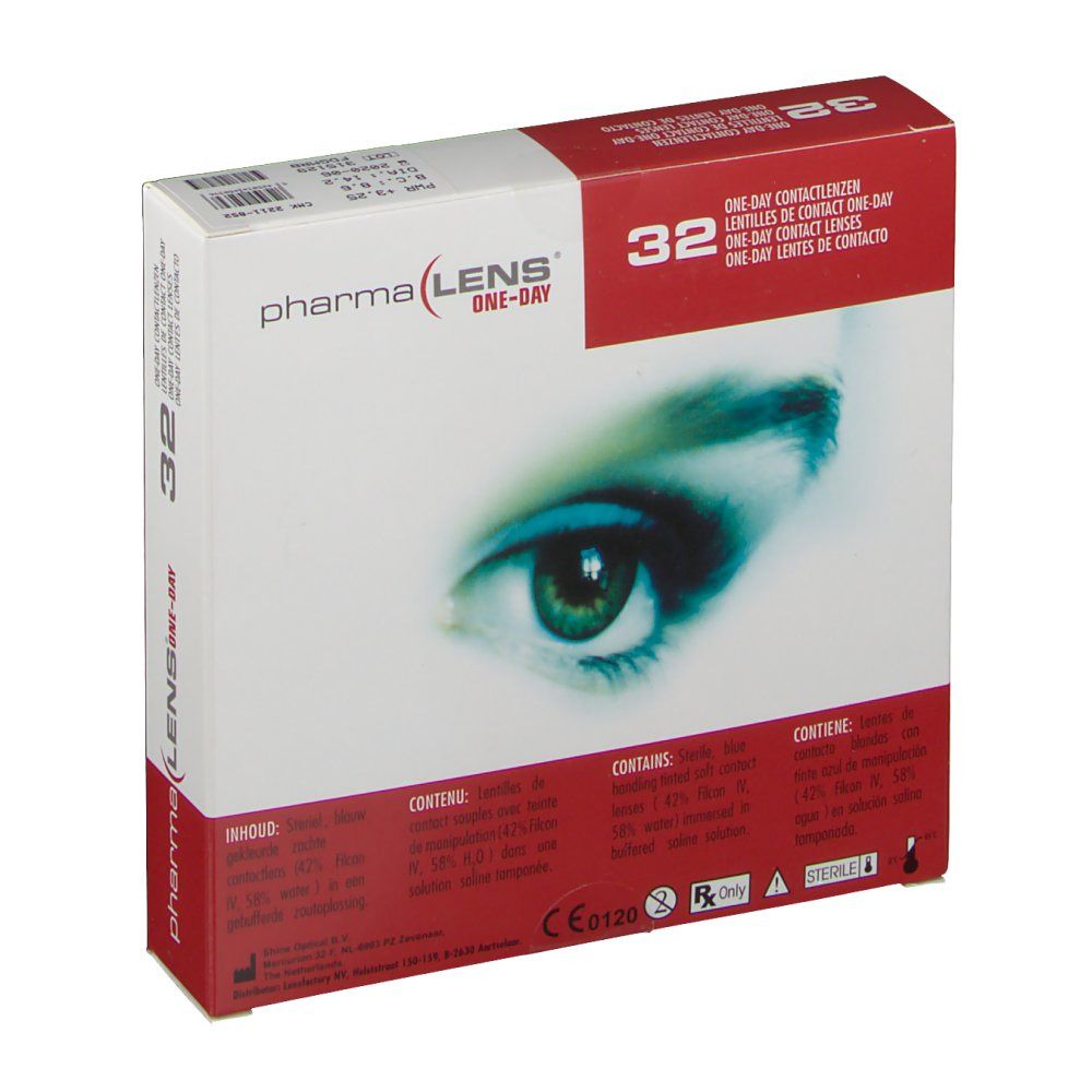Confezione di lenti a contatto giornaliere pharmaLENS® One-day. 32 pezzi. Scatola rossa e bianca con immagine dell'occhio e testo.