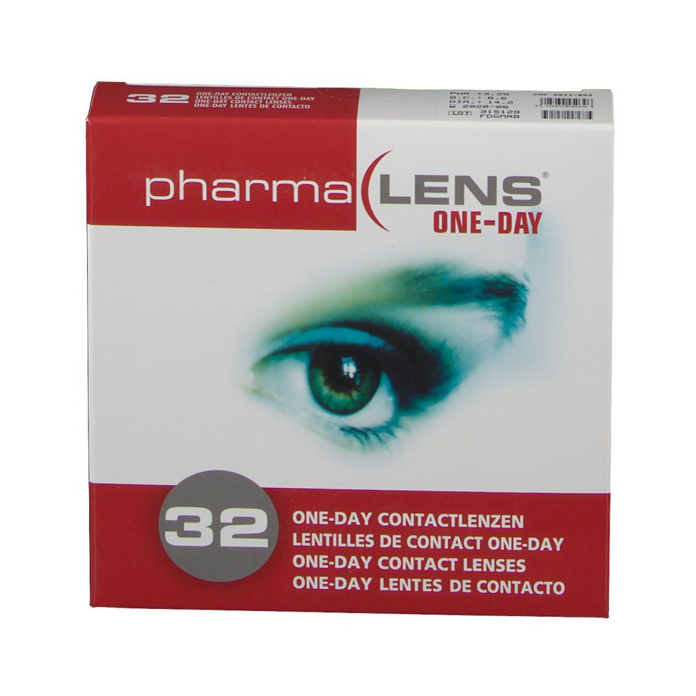 Confezione di lenti a contatto giornaliere pharmaLENS® One-day. 32 pezzi. Scatola rossa e bianca con immagine dell'occhio e testo.