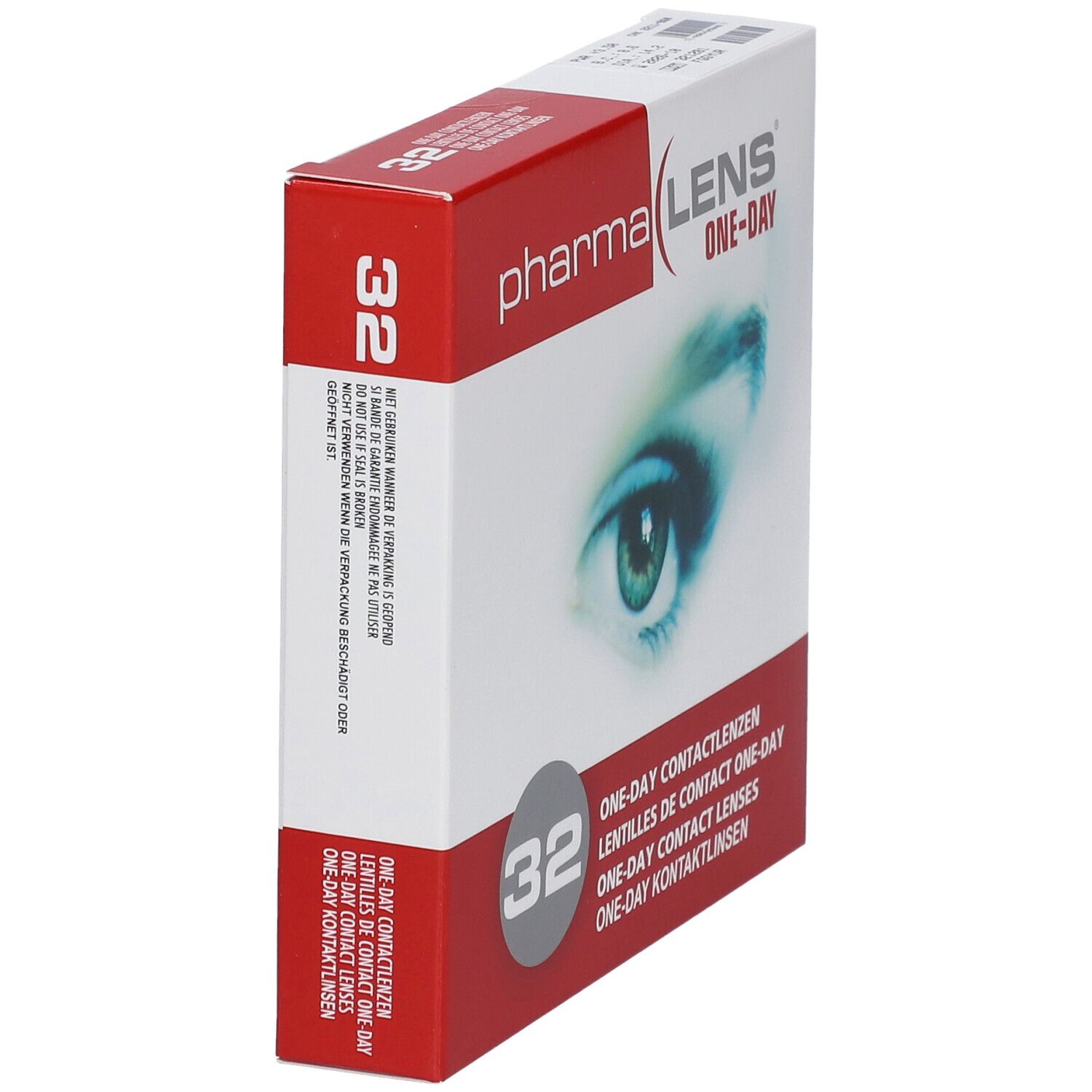 Scatola di lenti a contatto. Scritta: Pharma Lens One-Day, 32 pezzi. Immagine di un occhio.