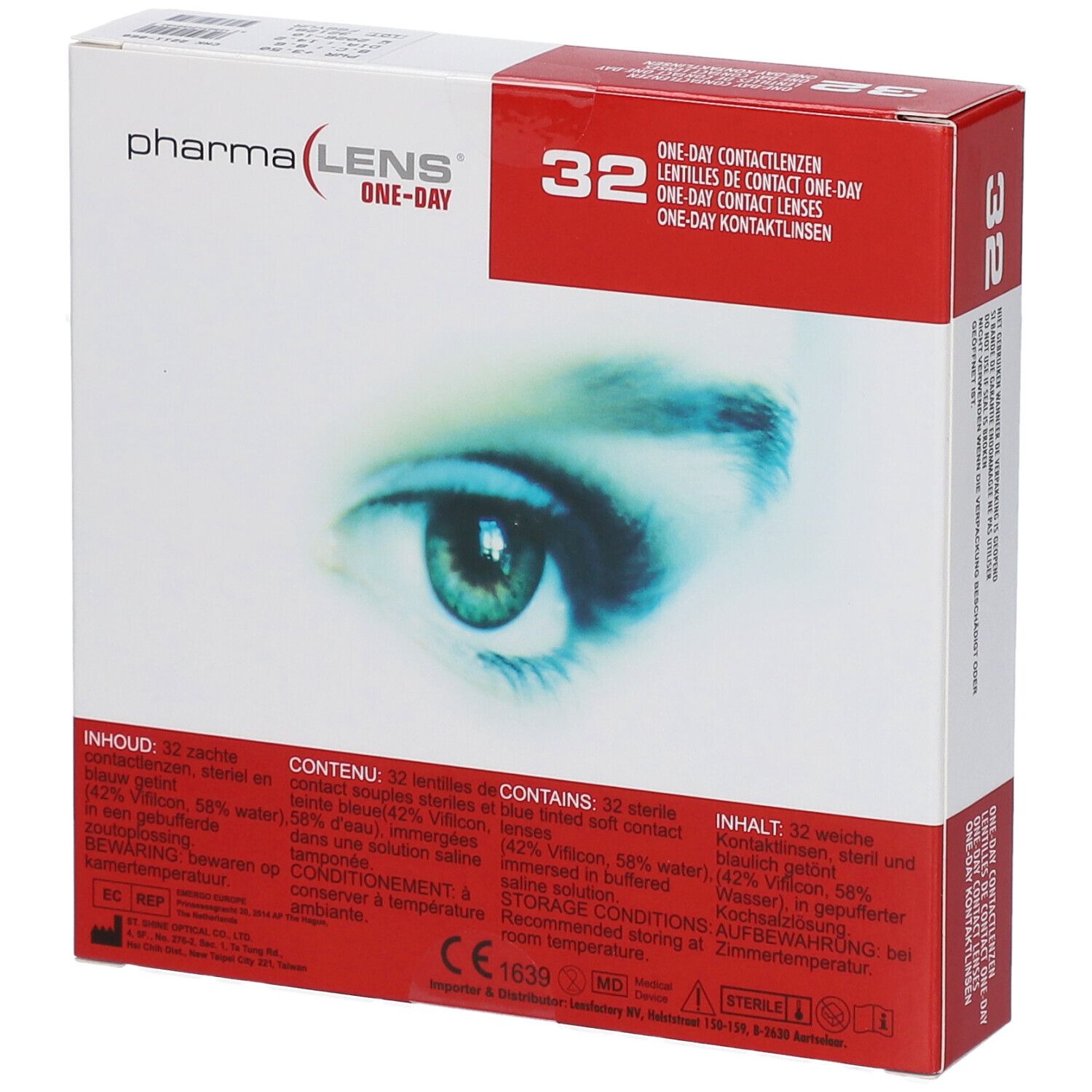 Confezione di lenti a contatto. Scritta: Pharma Lens One-Day, 32 pezzi. Immagine di un occhio. Testo multilingue.