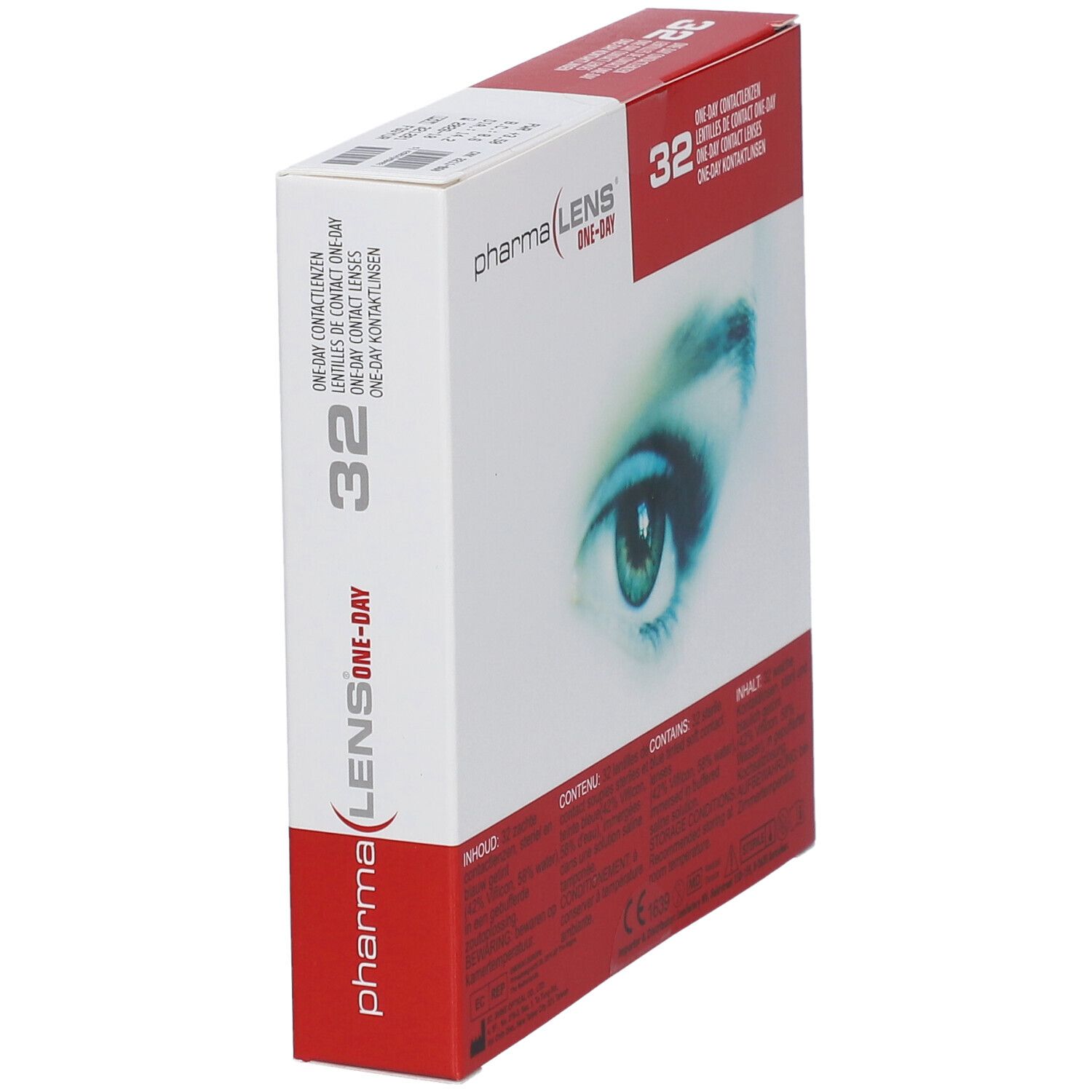 Scatola di lenti a contatto. Scritta: Pharma Lens One-Day, 32 pezzi. Immagine di un occhio. Testo multilingue.