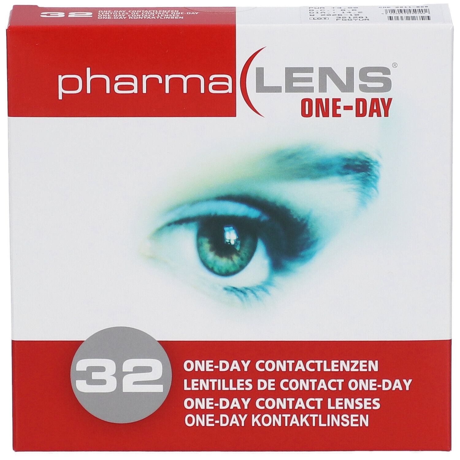 Confezione di lenti a contatto. Scritta: Pharma Lens One-Day, 32 pezzi. Immagine di un occhio.