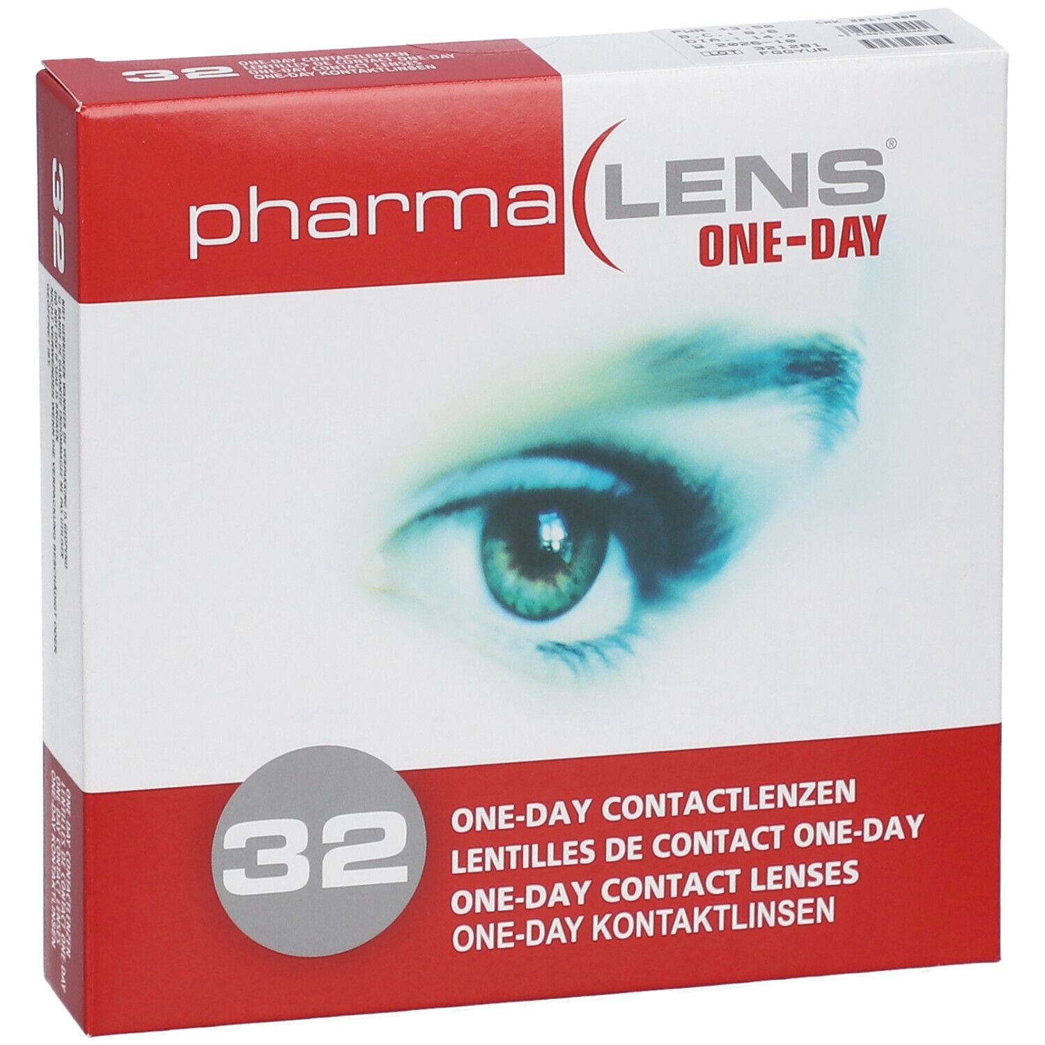 Scatola di lenti a contatto. Scritta: Pharma Lens One-Day, 32 pezzi. Immagine di un occhio.