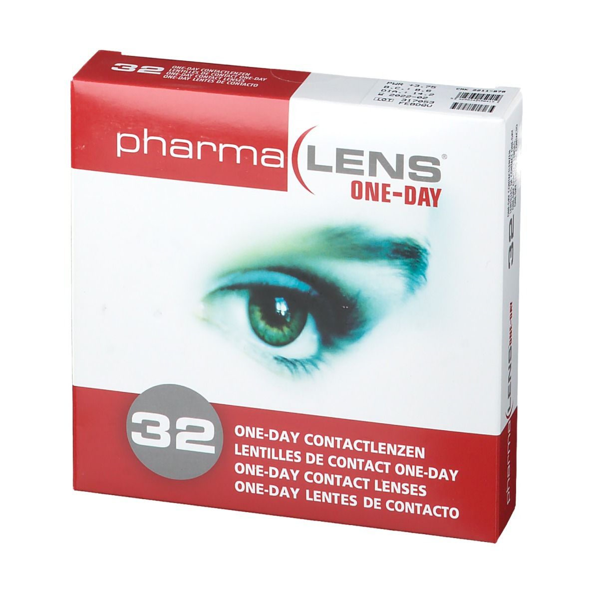 Confezione lenti a contatto pharma LENS ONE-DAY. 32 pezzi. Scatola rossa e bianca con occhio. Vista frontale.
