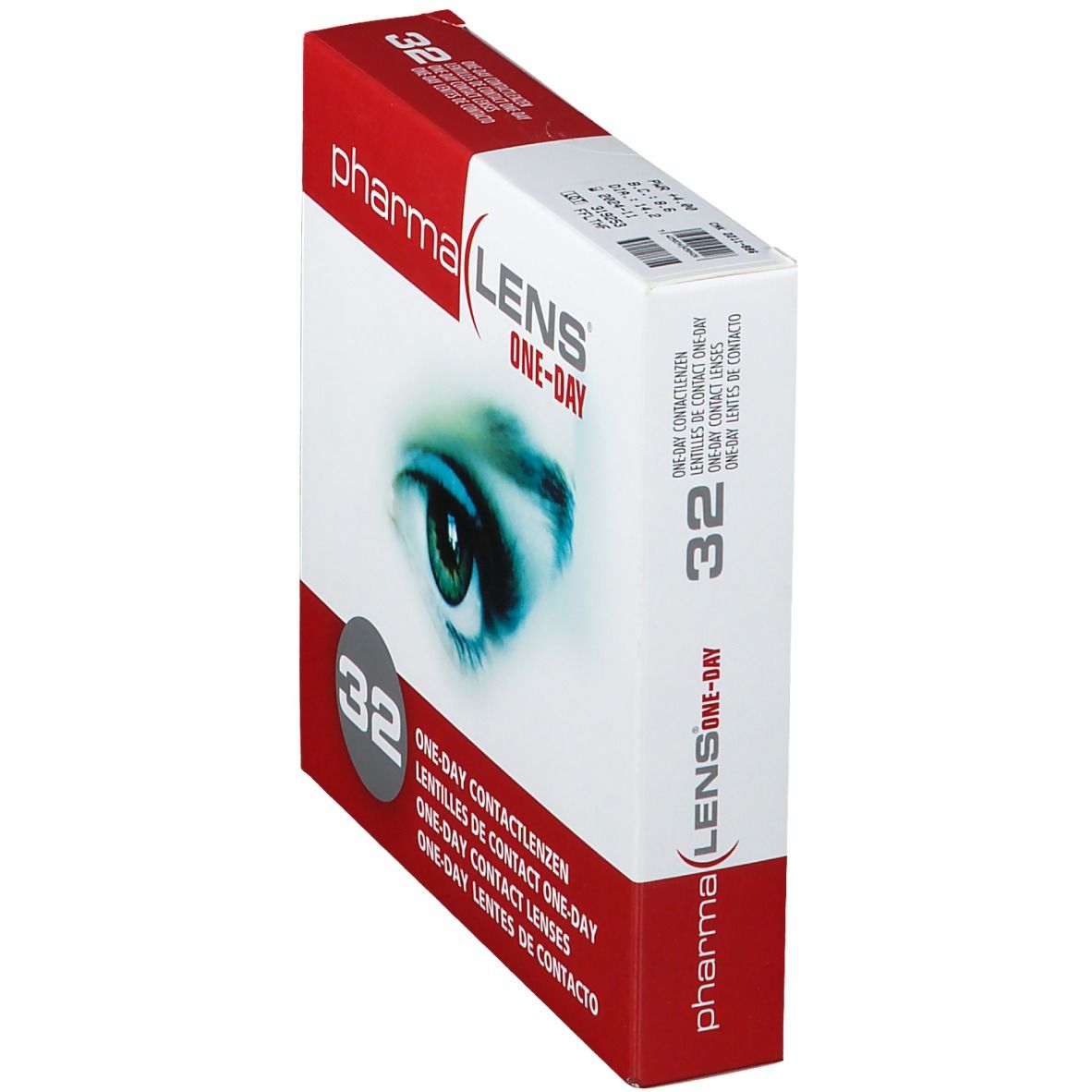 Confezione di lenti a contatto PharmaLens, vista prospettica. Scatola rossa e bianca con motivo occhio e testo "ONE-DAY CONTACTLENZEN". Contiene 32 lenti.