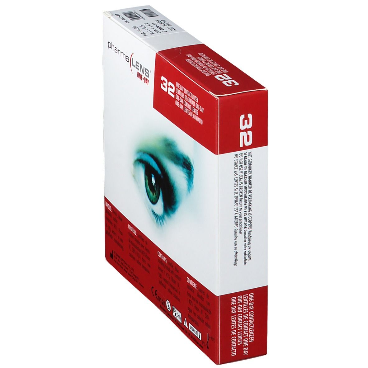 Confezione di lenti a contatto PharmaLens, vista prospettica. Scatola rossa e bianca con motivo occhio e testo. Contiene 32 lenti. Testo sul lato.