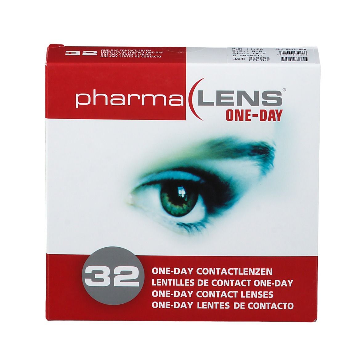 Confezione di lenti a contatto PharmaLens. Scatola rossa e bianca con motivo occhio e testo "ONE-DAY CONTACTLENZEN". Contiene 32 lenti.
