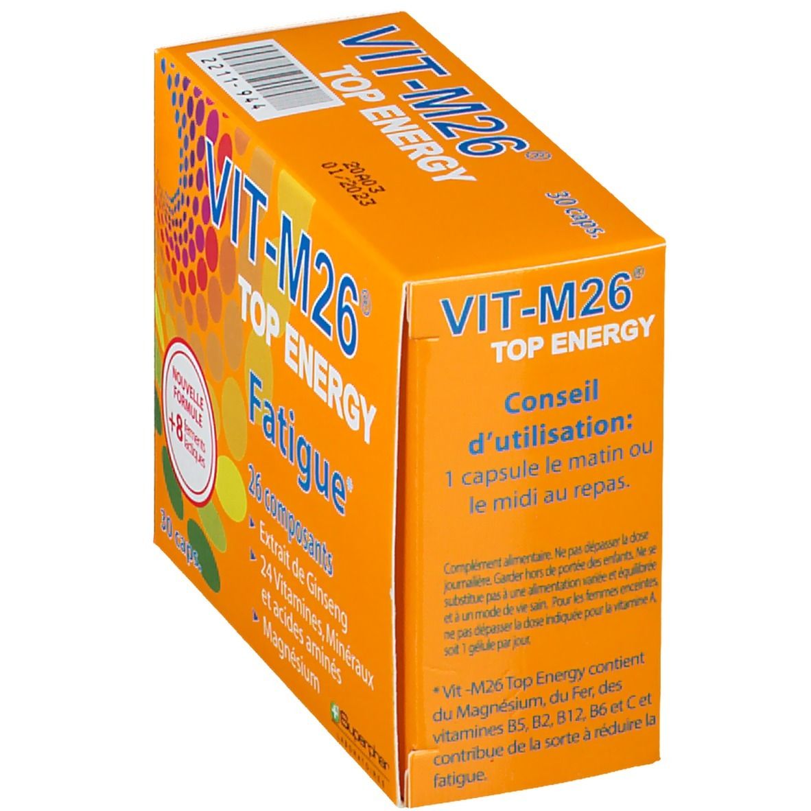 Scatola arancione "VIT-M26 TOP ENERGY Fatigue". Contiene 30 capsule. Scritte: 26 componenti, estratto di ginseng, vitamine, minerali, aminoacidi, magnesio. Consigli d'uso.