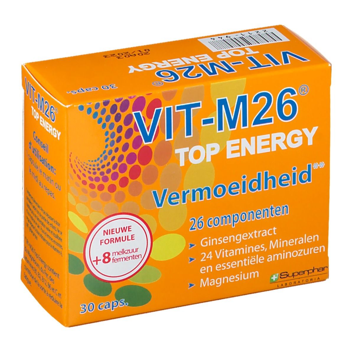 Scatola arancione "VIT-M26 TOP ENERGY". Scritte: 26 componenti, estratto di ginseng, vitamine, minerali, aminoacidi, magnesio. Stanchezza. Contiene 30 capsule.