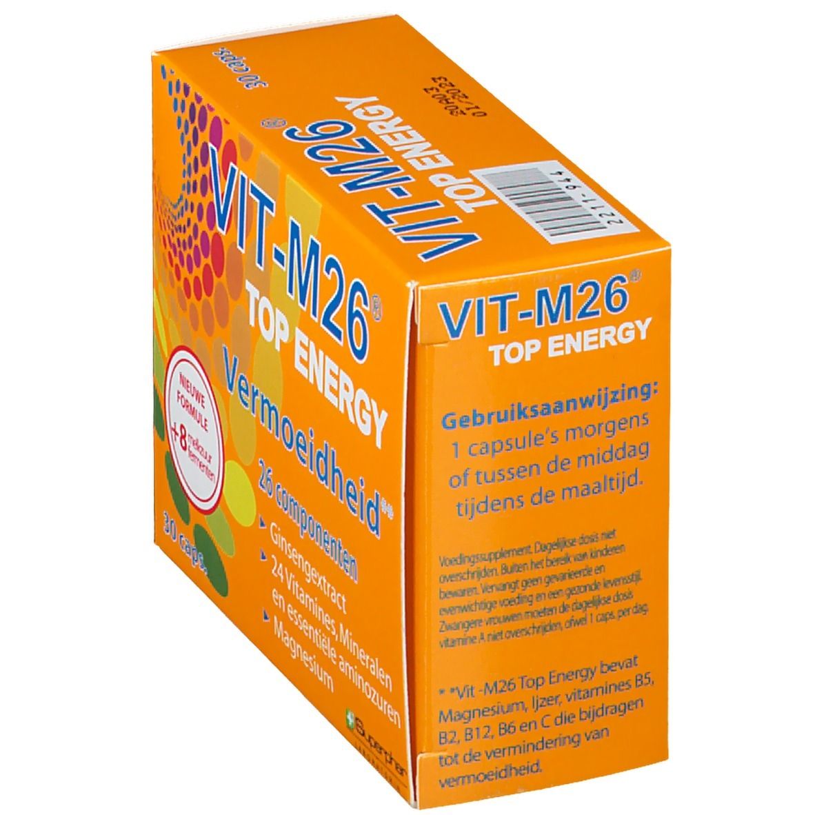 Scatola arancione "VIT-M26 TOP ENERGY". Scritte: 26 componenti, estratto di ginseng, vitamine, minerali, aminoacidi, magnesio. Stanchezza. Istruzioni per l'uso.